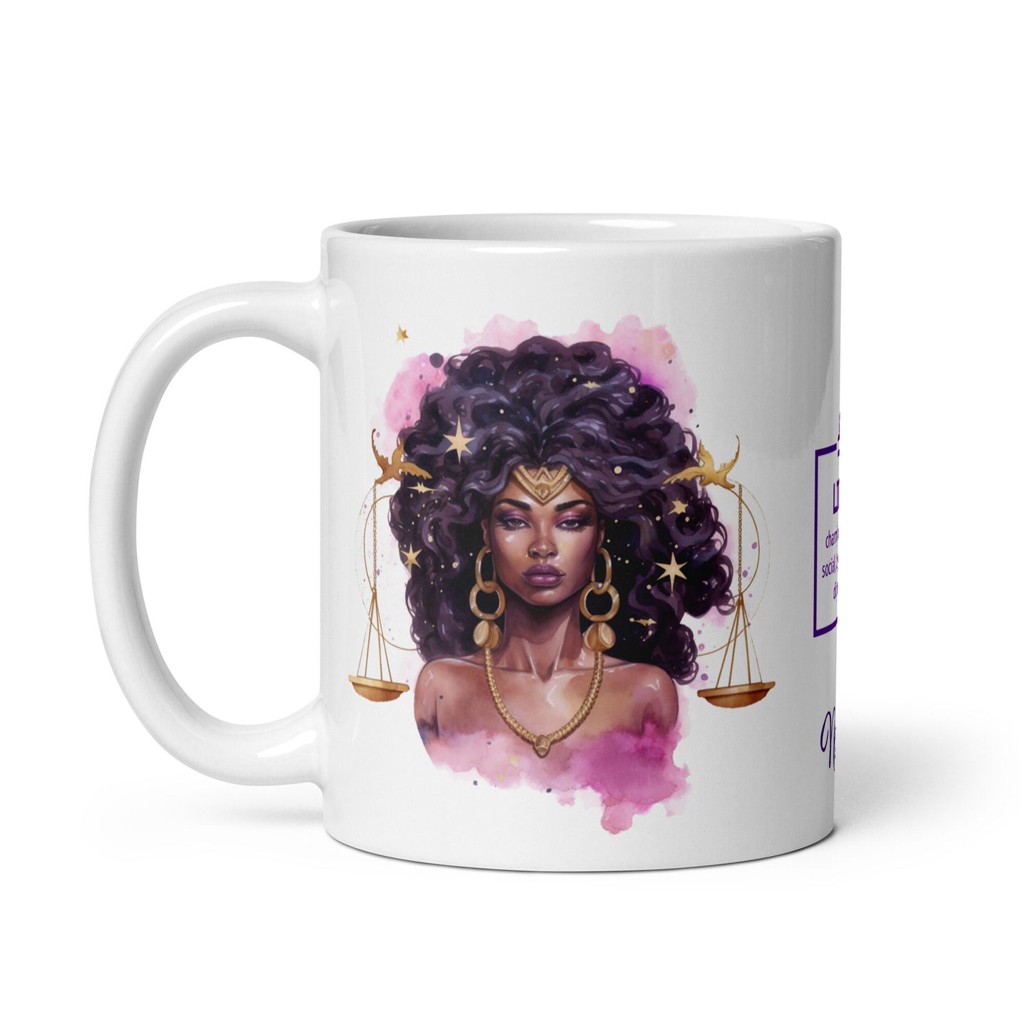 Personalized Zodiac Theme White glossy mug | Libra Astrological Sign Coffee Mug with Black Queen Illustration | Horoscope Mug Gift for Her