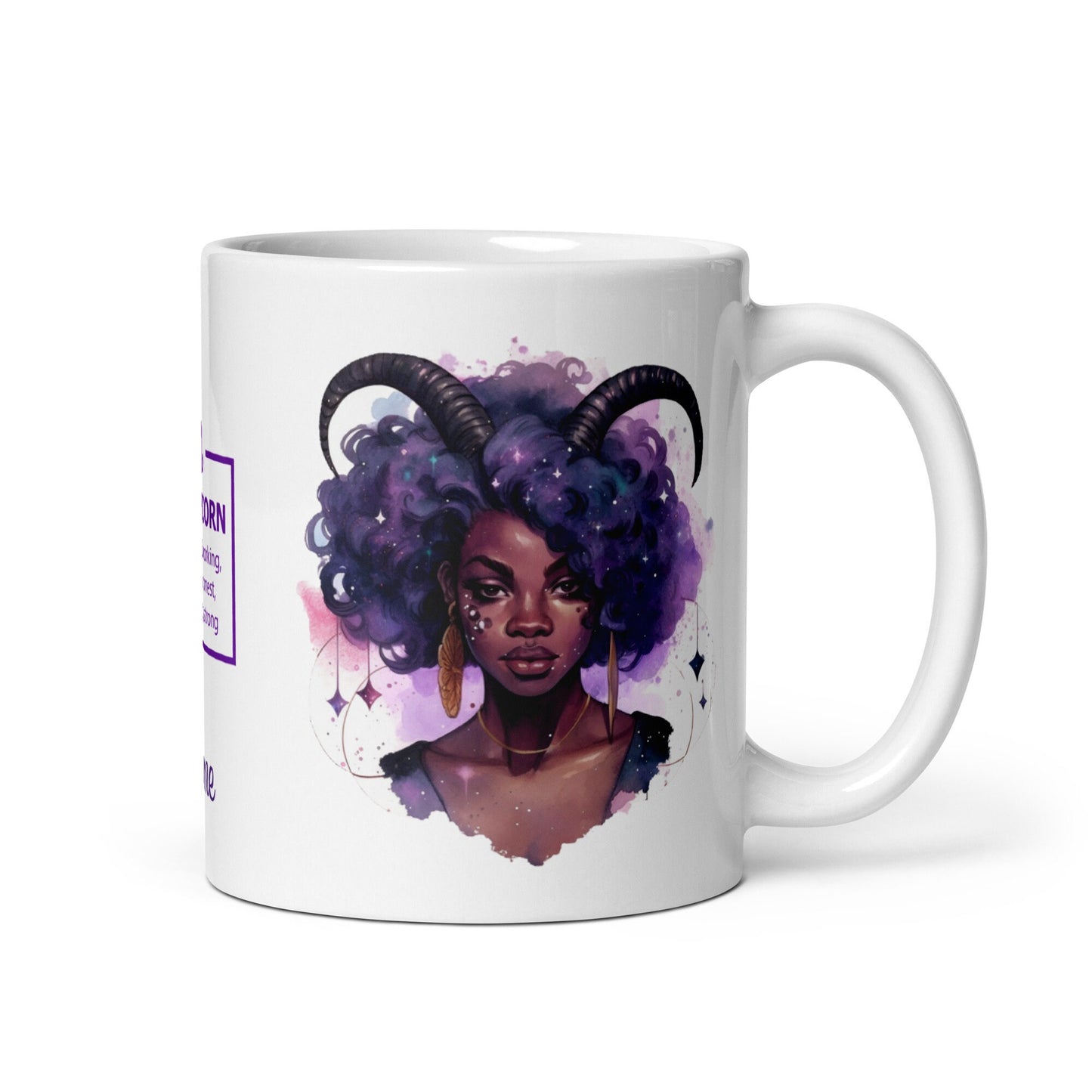 Personalized Zodiac White glossy mug | Capricorn Astrological Sign Coffee Mug with Black Queen Illustration | Horoscope Mug Gift for Her