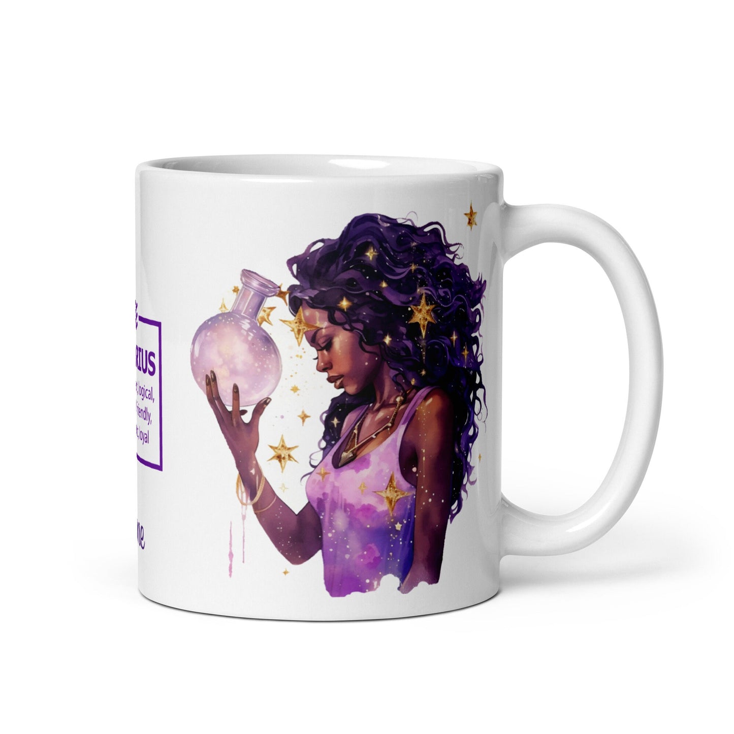 Personalized Aquarius Theme White glossy mug | Astrological Sign Coffee Mug with Black Queen Illustration | Horoscope Mug Gift for Her