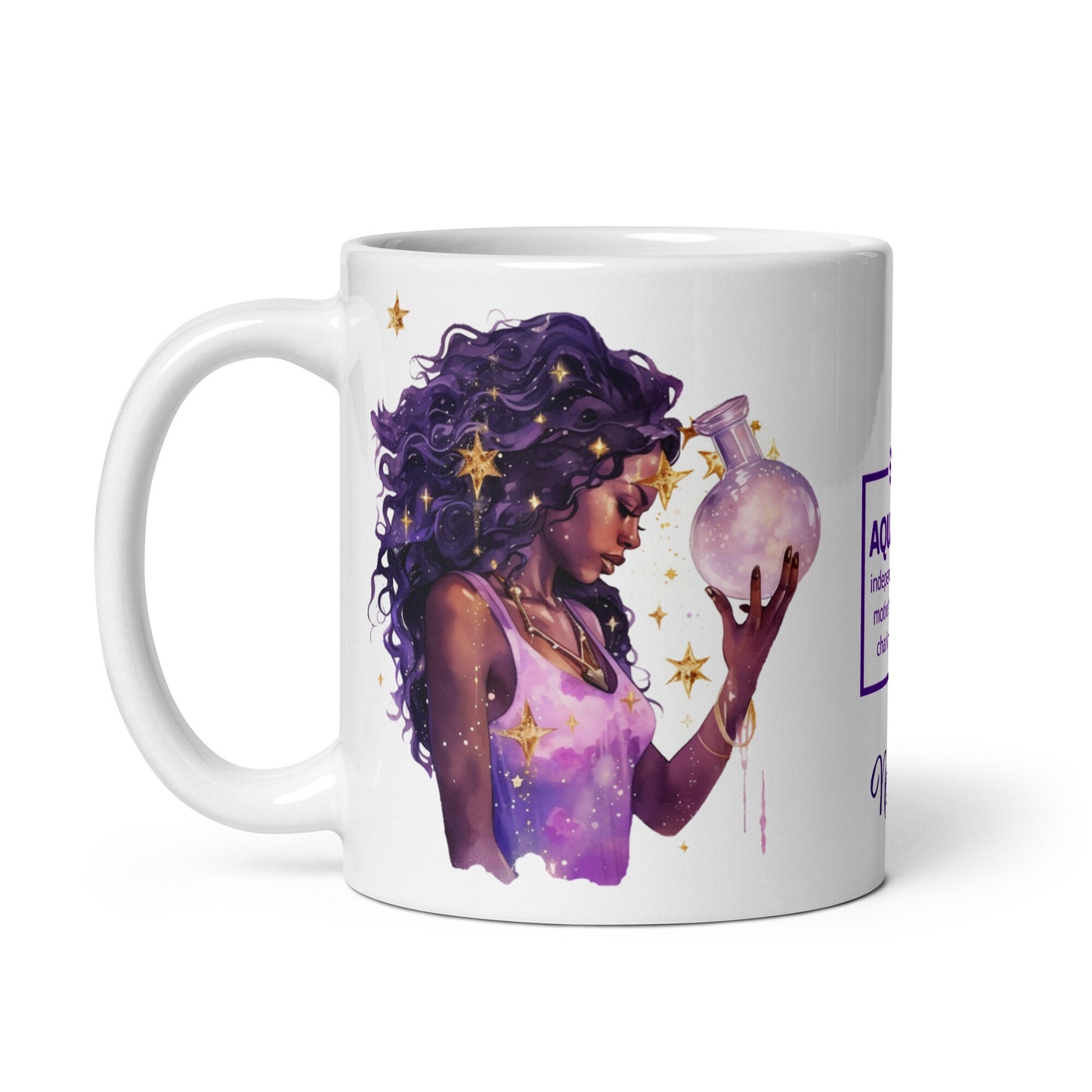 Personalized Aquarius Theme White glossy mug | Astrological Sign Coffee Mug with Black Queen Illustration | Horoscope Mug Gift for Her
