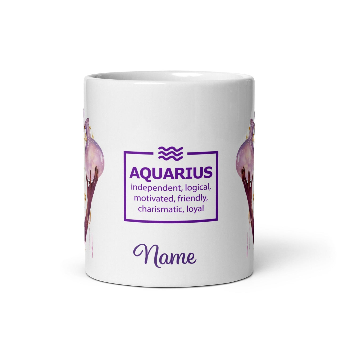 Personalized Aquarius Theme White glossy mug | Astrological Sign Coffee Mug with Black Queen Illustration | Horoscope Mug Gift for Her