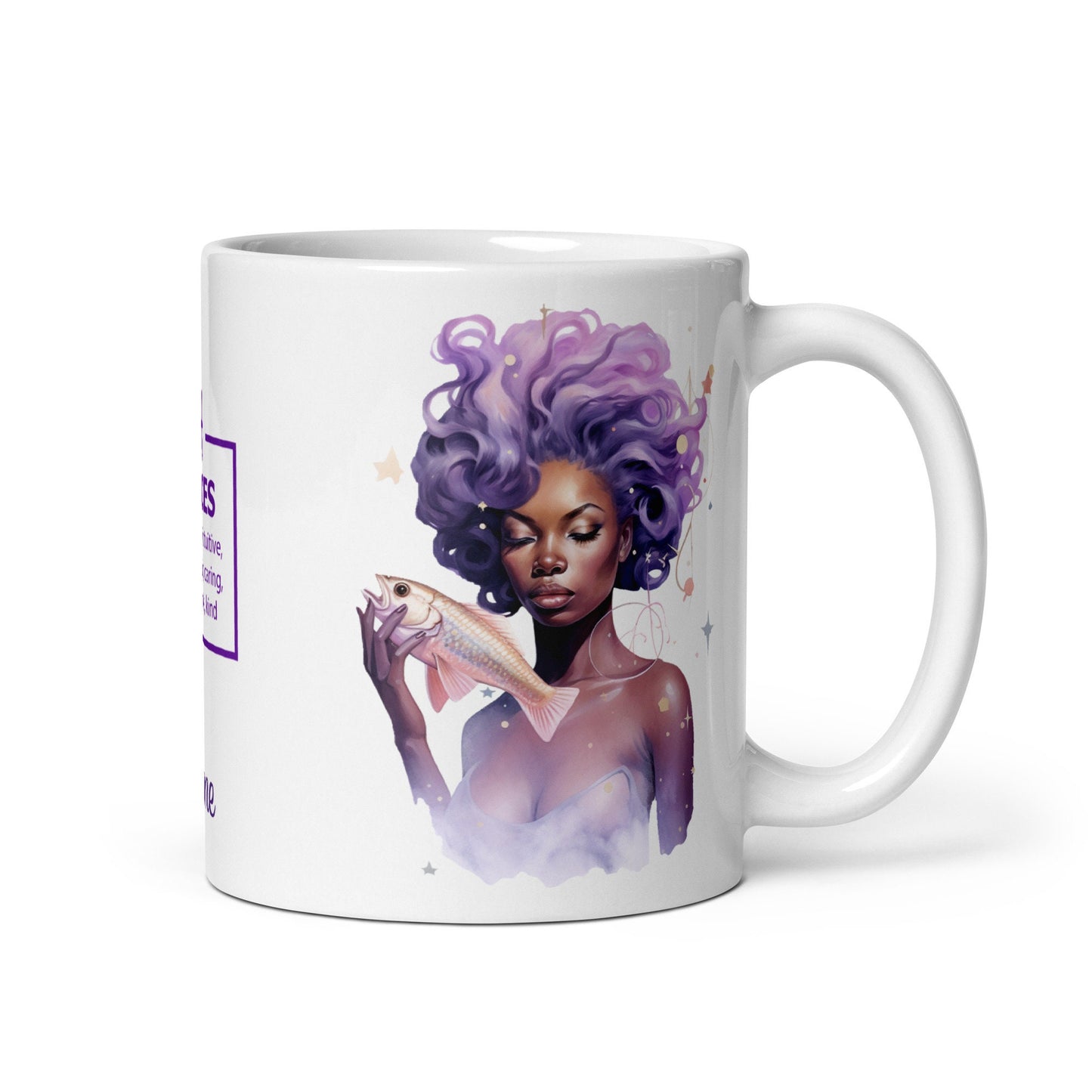 Personalized Zodiac Theme White glossy mug | Pisces Astrological Sign Coffee Mug with Black Queen Illustration | Horoscope Mug Gift for Her