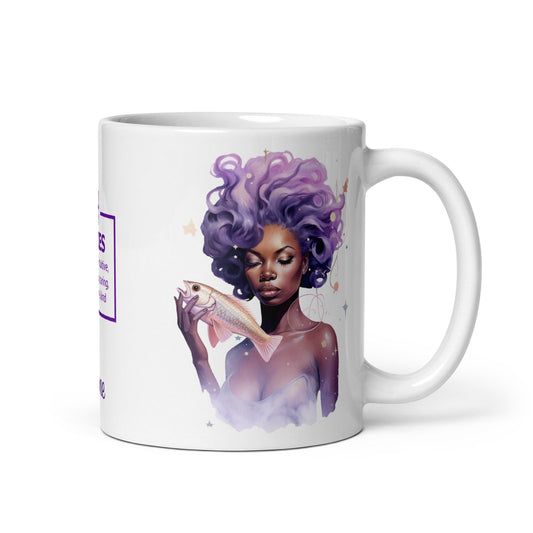 Personalized Zodiac Theme White glossy mug | Pisces Astrological Sign Coffee Mug with Black Queen Illustration | Horoscope Mug Gift for Her