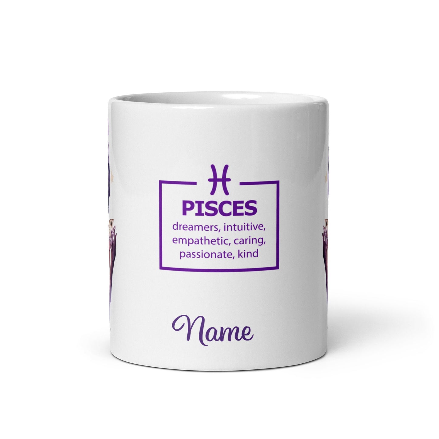 Personalized Zodiac Theme White glossy mug | Pisces Astrological Sign Coffee Mug with Black Queen Illustration | Horoscope Mug Gift for Her