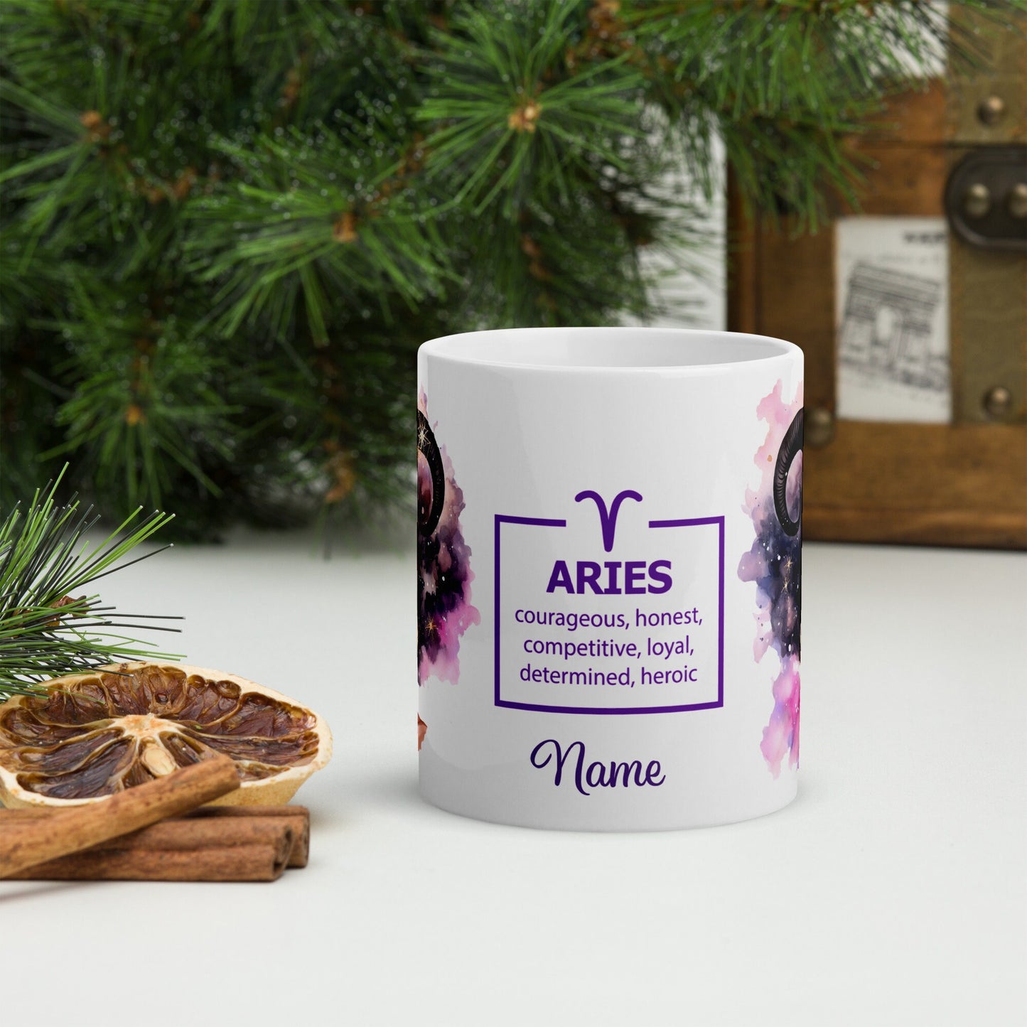 Personalized Zodiac Theme White glossy mug | Aries Astrological Sign Coffee Mug with Black Queen Illustration | Horoscope Mug Gift for Her