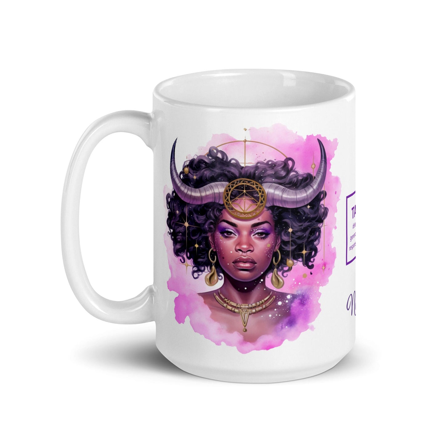Personalized Zodiac Theme White glossy mug | Taurus Astrological Sign Coffee Mug with Black Queen Illustration | Horoscope Mug Gift for Her