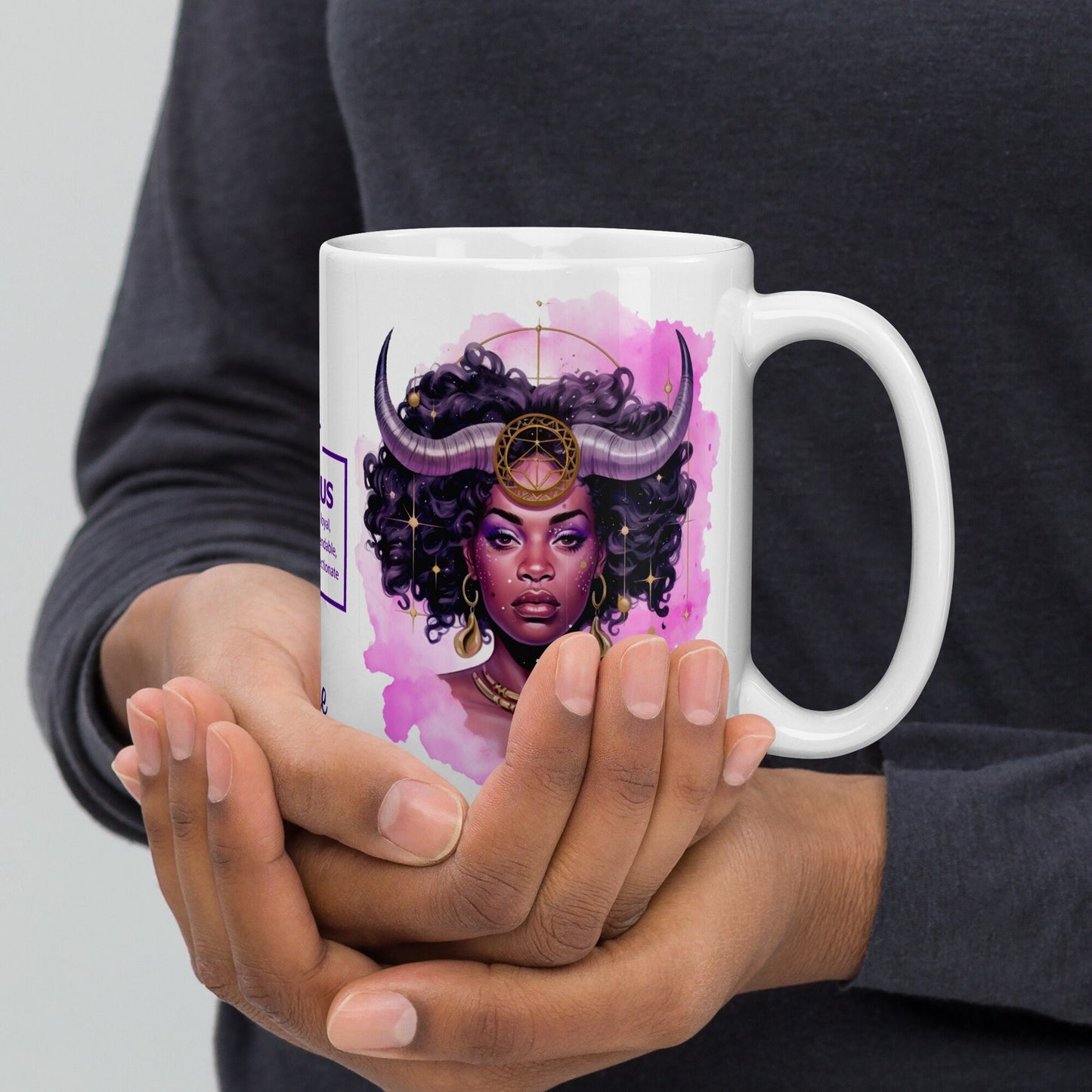 Personalized Zodiac Theme White glossy mug | Taurus Astrological Sign Coffee Mug with Black Queen Illustration | Horoscope Mug Gift for Her