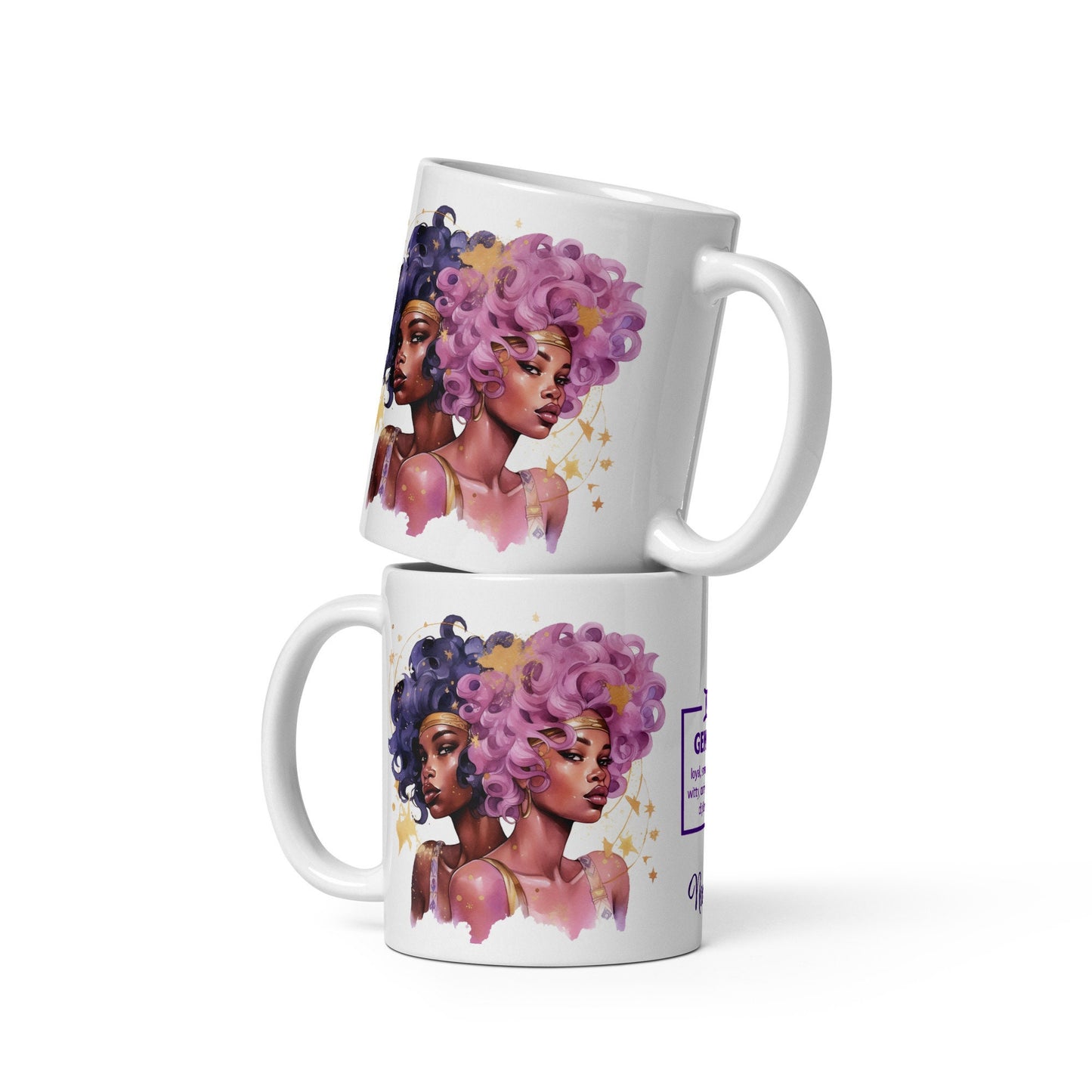 Personalized Zodiac Theme White glossy mug | Gemini Astrological Sign Coffee Mug with Black Queen Illustration | Horoscope Mug Gift for Her