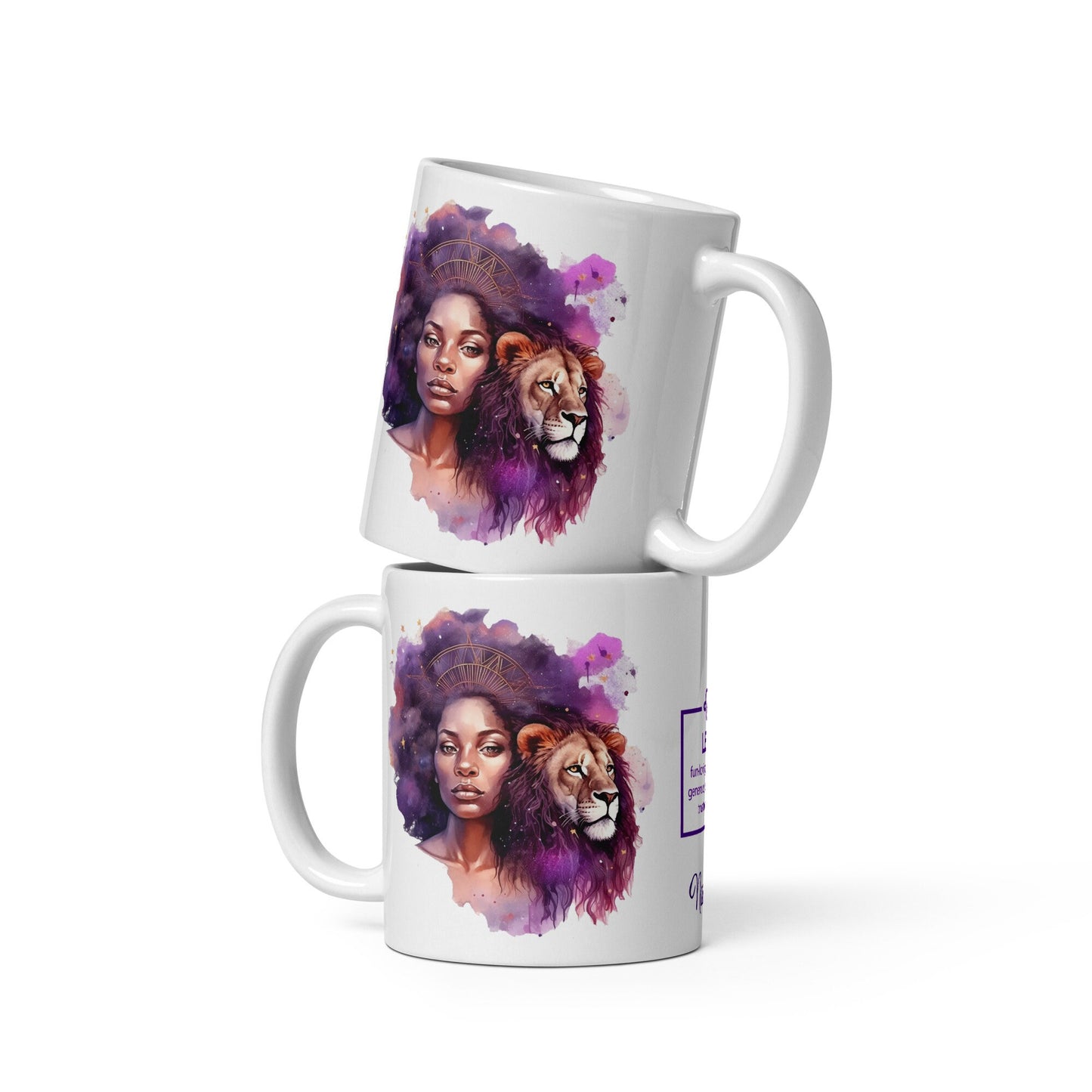 Personalized Zodiac Theme White glossy mug | Leo Astrological Sign Coffee Mug with Black Queen Illustration | Horoscope Mug Gift for Her
