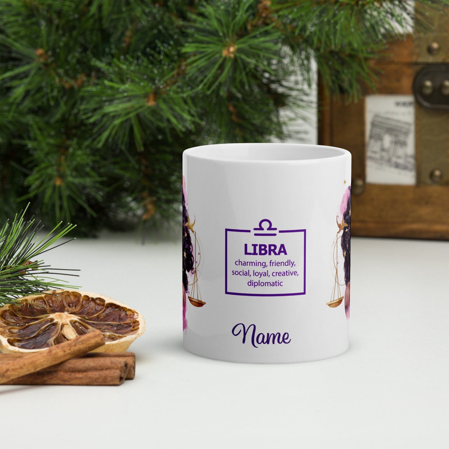 Personalized Zodiac Theme White glossy mug | Libra Astrological Sign Coffee Mug with Black Queen Illustration | Horoscope Mug Gift for Her