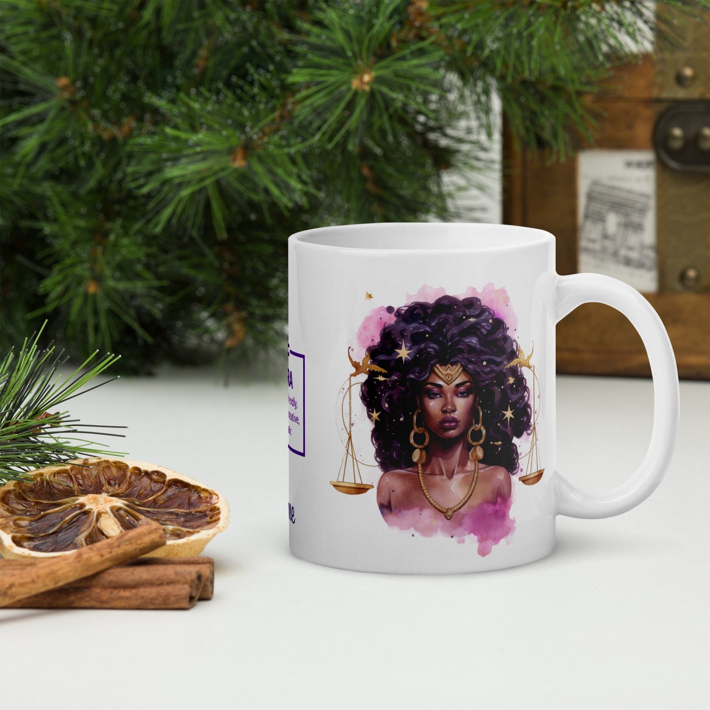Personalized Zodiac Theme White glossy mug | Libra Astrological Sign Coffee Mug with Black Queen Illustration | Horoscope Mug Gift for Her