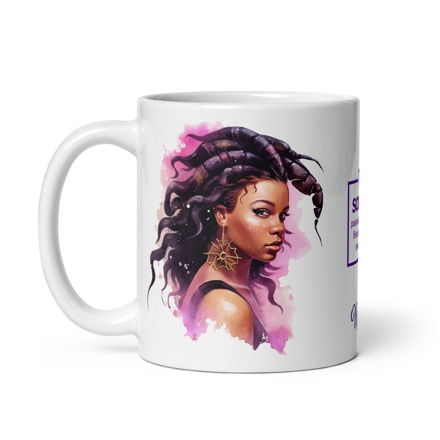 Personalized Zodiac Theme White glossy mug | Scorpio Astrological Sign Coffee Mug with Black Queen Illustration | Horoscope Mug Gift for Her