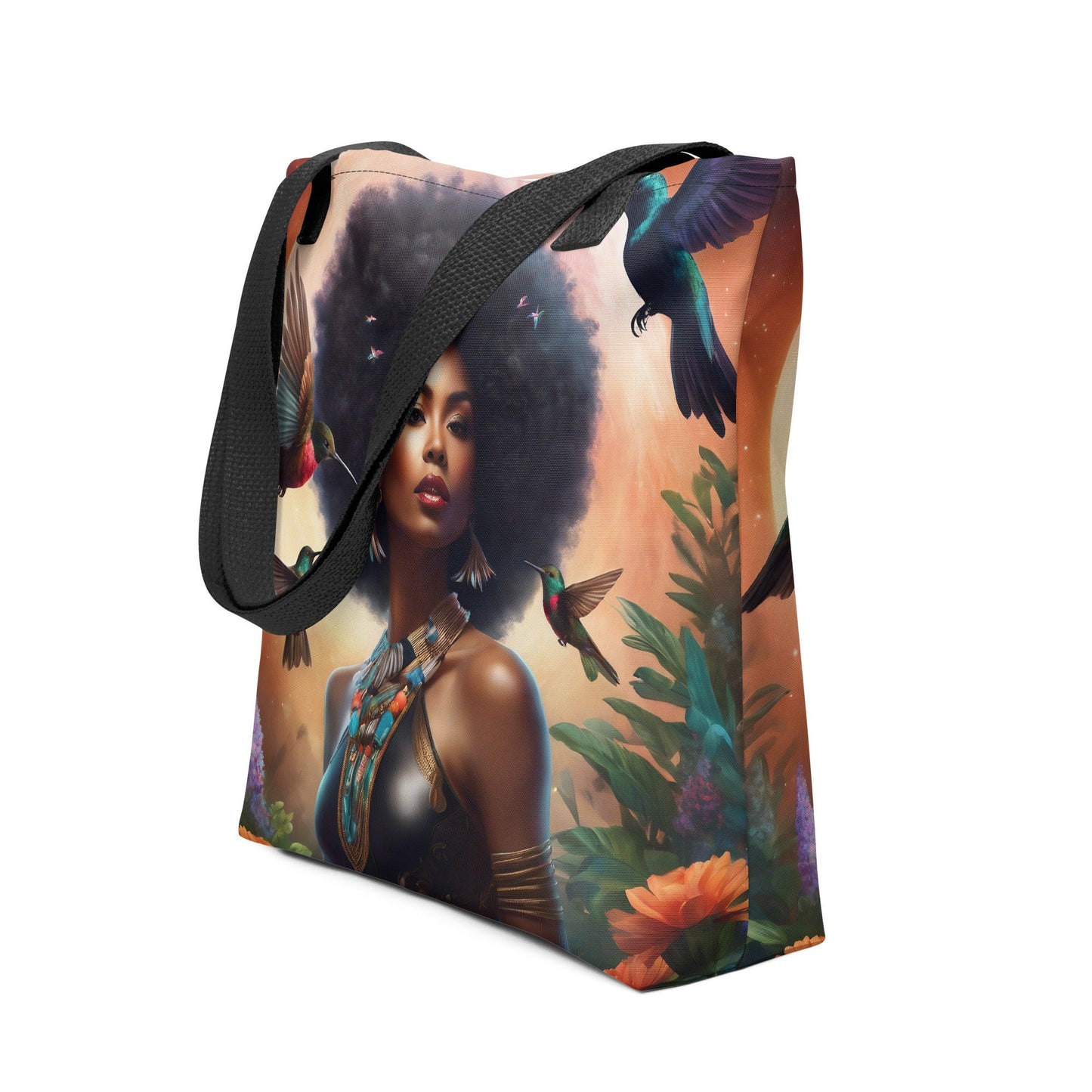Black Queen Hummingbird Tote bag | Beautiful Aesthetic Tote Bag featuring Melanin Queen with Afro with Space and Hummingbird Illustration
