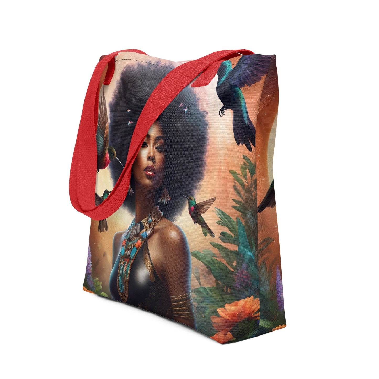Black Queen Hummingbird Tote bag | Beautiful Aesthetic Tote Bag featuring Melanin Queen with Afro with Space and Hummingbird Illustration