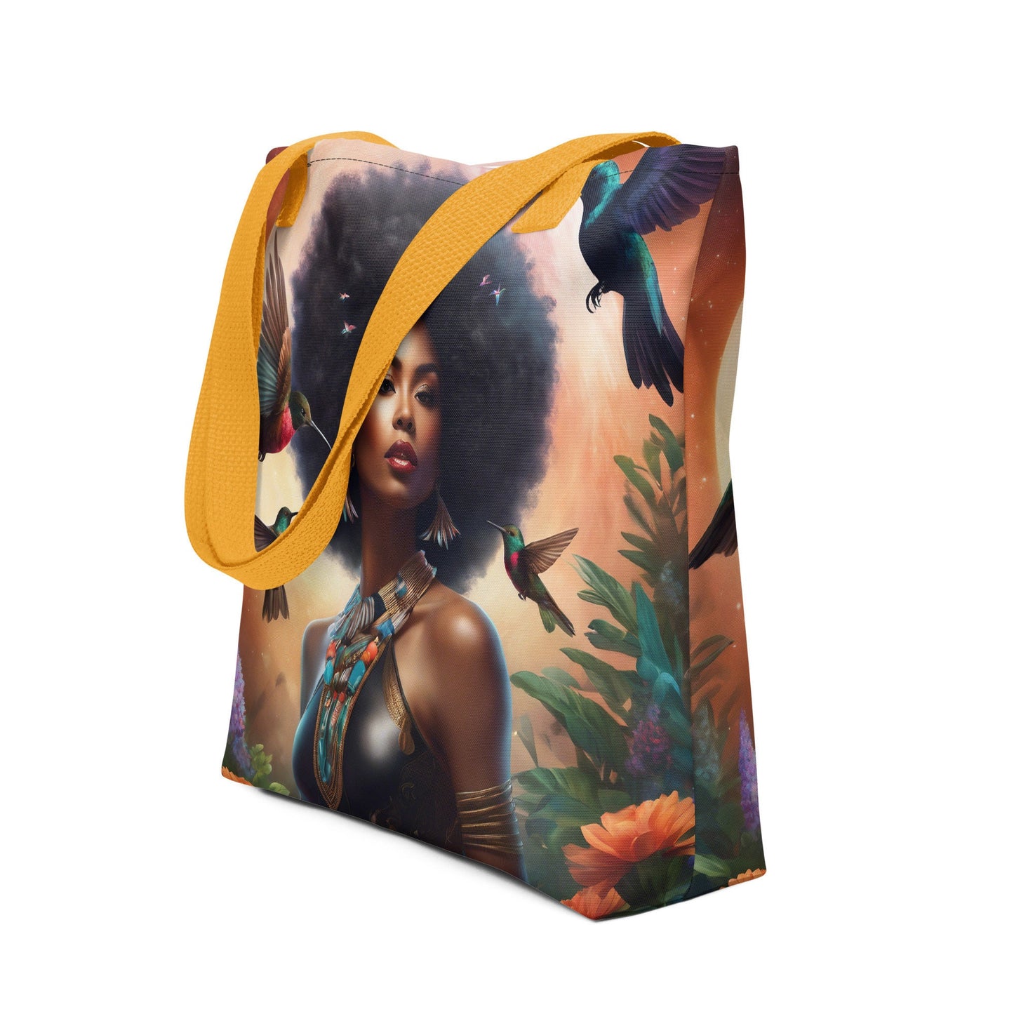 Black Queen Hummingbird Tote bag | Beautiful Aesthetic Tote Bag featuring Melanin Queen with Afro with Space and Hummingbird Illustration