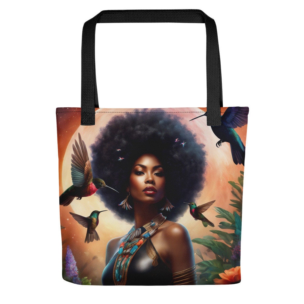 Black Queen Hummingbird Tote bag | Beautiful Aesthetic Tote Bag featuring Melanin Queen with Afro with Space and Hummingbird Illustration