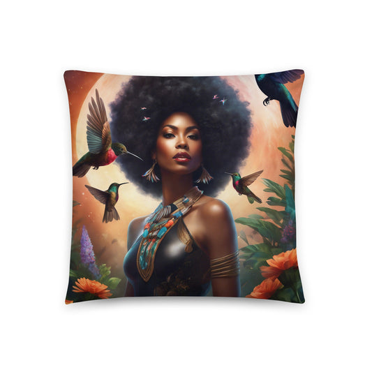 Black Queen Hummingbird Basic Pillow | Beautiful Aesthetic Pillow featuring Melanin Queen with Afro with Space and Hummingbird Illustration