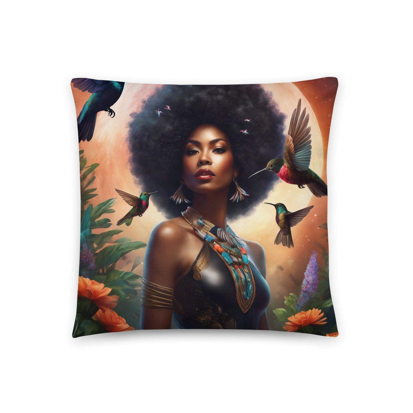Black Queen Hummingbird Basic Pillow | Beautiful Aesthetic Pillow featuring Melanin Queen with Afro with Space and Hummingbird Illustration