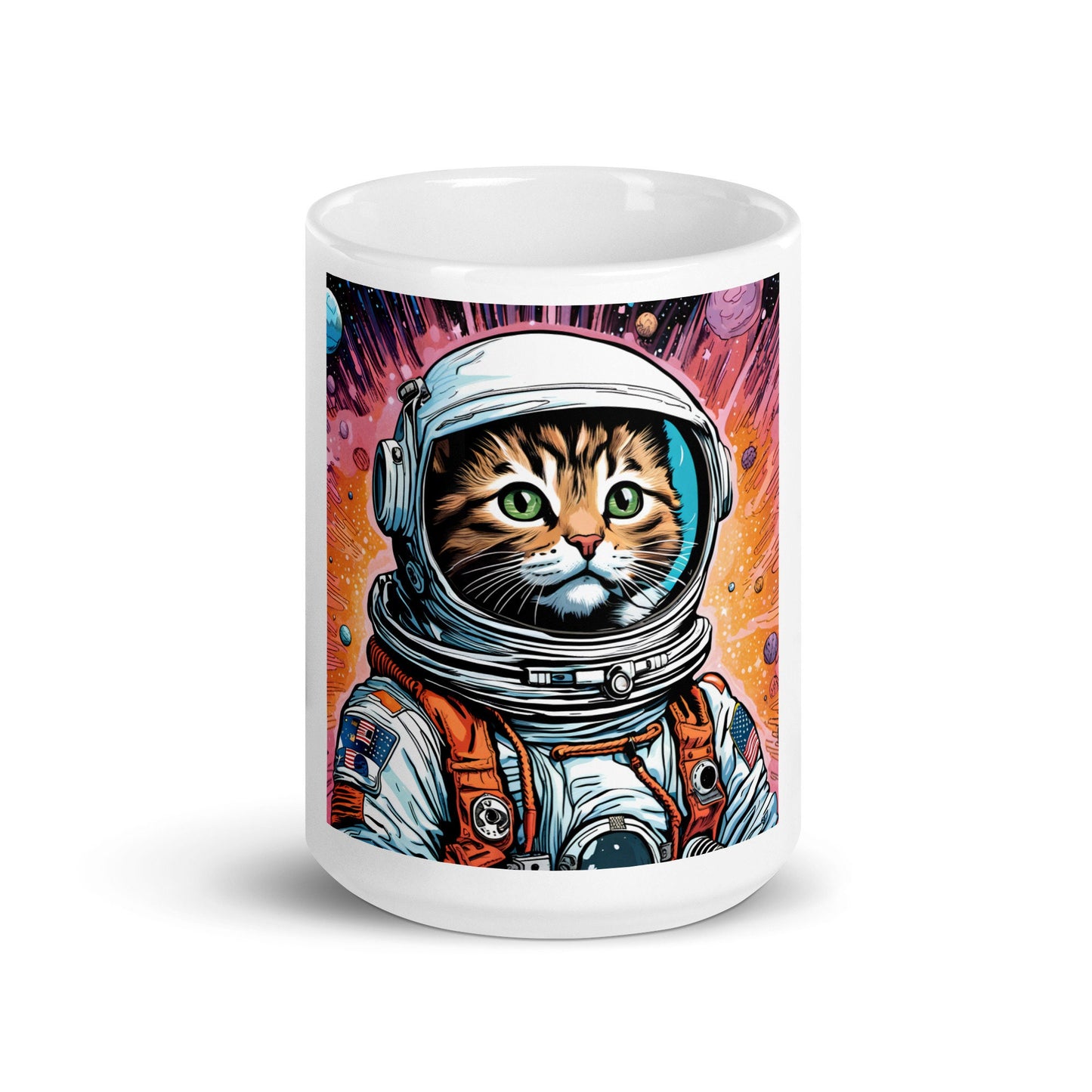 Colorful Astro Kitty Unisex White Glossy Mug| Space Age Cat Mug Gift for Her or Him | Astronaut Cat Mug Gift for Cat Lovers Draft