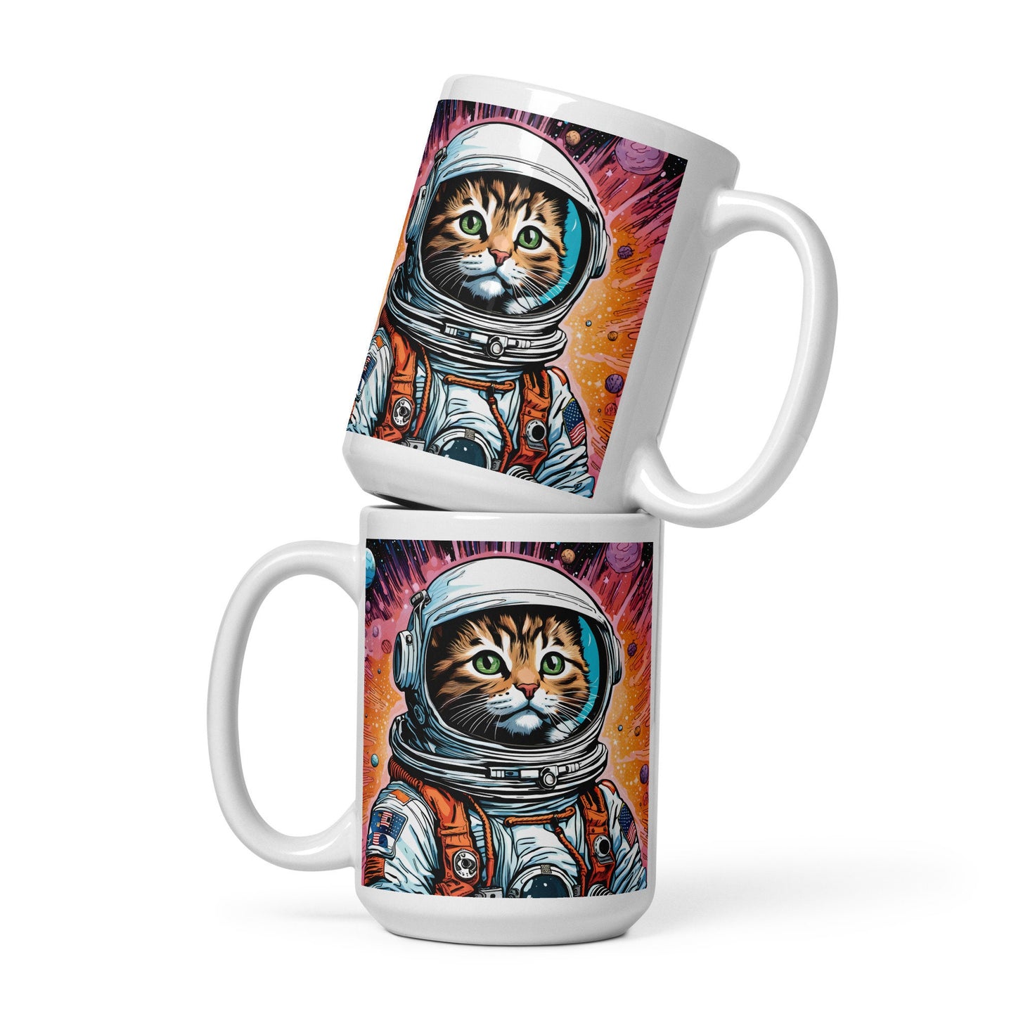 Colorful Astro Kitty Unisex White Glossy Mug| Space Age Cat Mug Gift for Her or Him | Astronaut Cat Mug Gift for Cat Lovers Draft