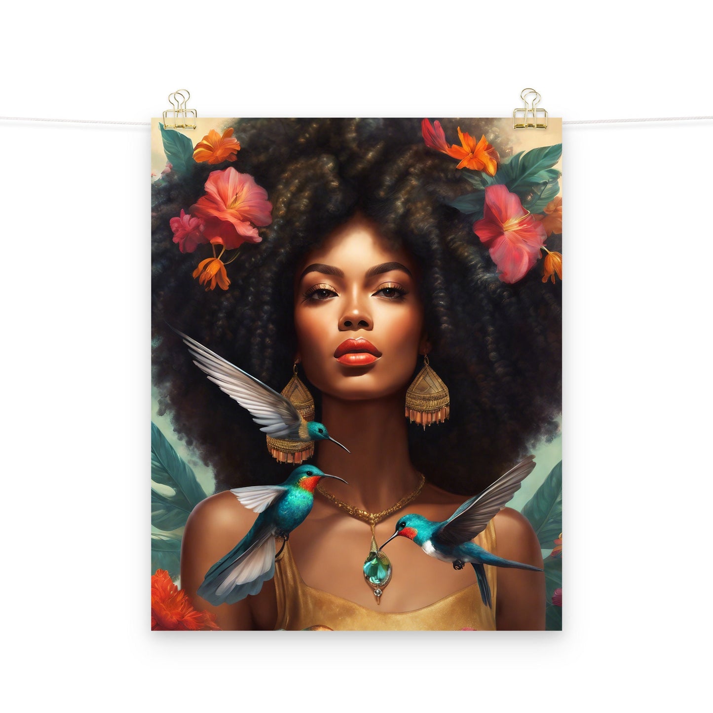 Beautiful Black Queen With Hummingbirds Poster | Black Girl Magic Wall Art | Unique Wall Decor for Home or Office Great gift for Her or Him
