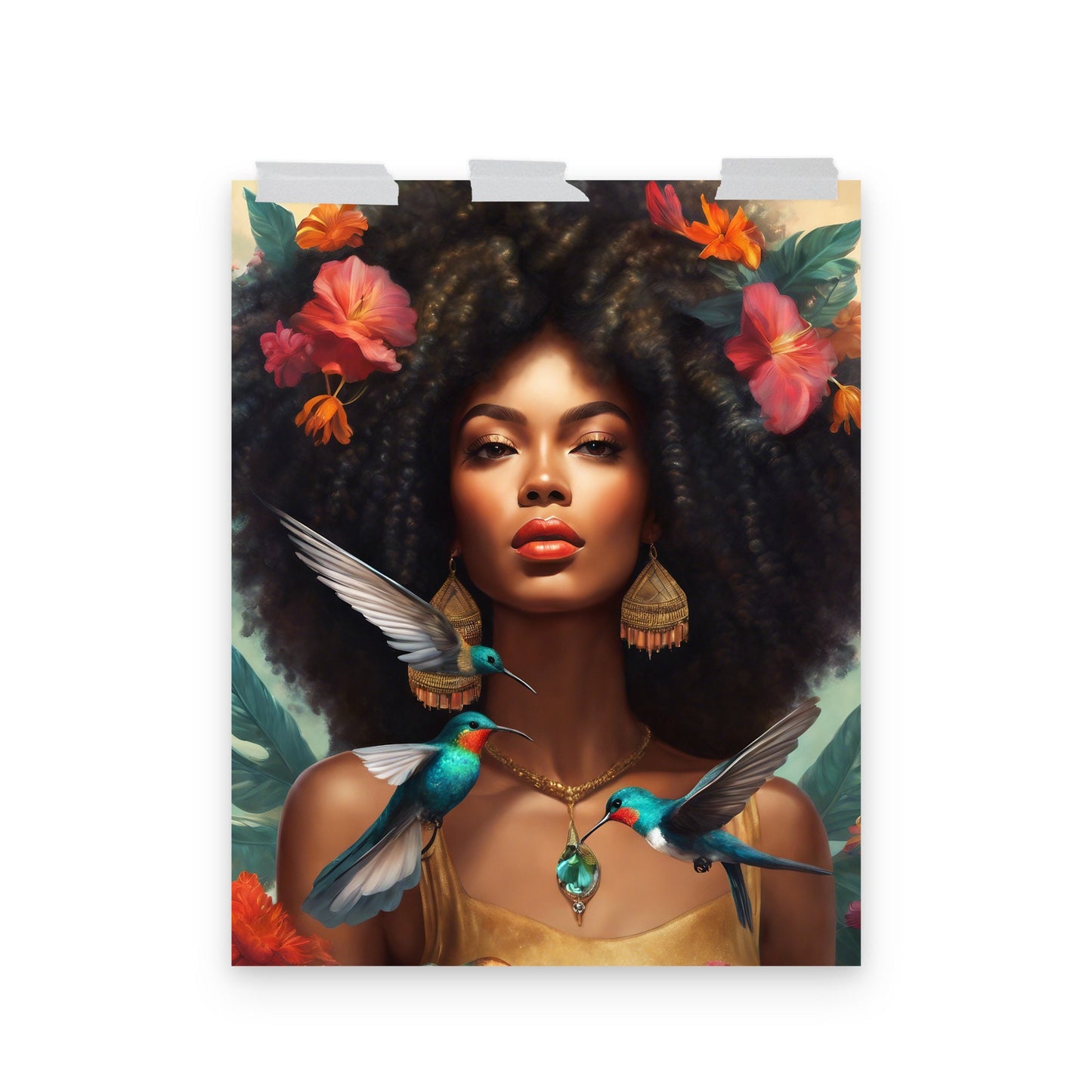 Beautiful Black Queen With Hummingbirds Poster | Black Girl Magic Wall Art | Unique Wall Decor for Home or Office Great gift for Her or Him