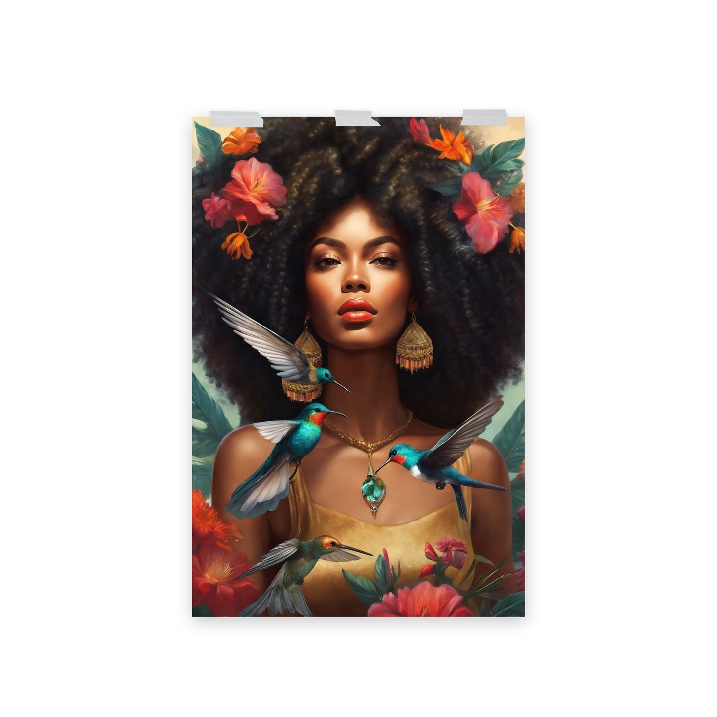 Beautiful Black Queen With Hummingbirds Poster | Black Girl Magic Wall Art | Unique Wall Decor for Home or Office Great gift for Her or Him