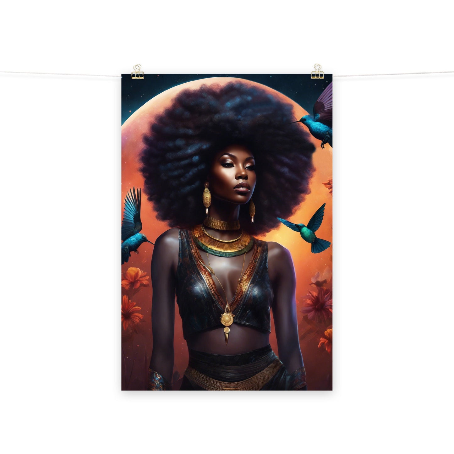 Beautiful Sun Kissed Black Queen With Hummingbirds Poster | Black Girl Magic Wall Art | Unique Wall Decor for Home or Office Great Gift
