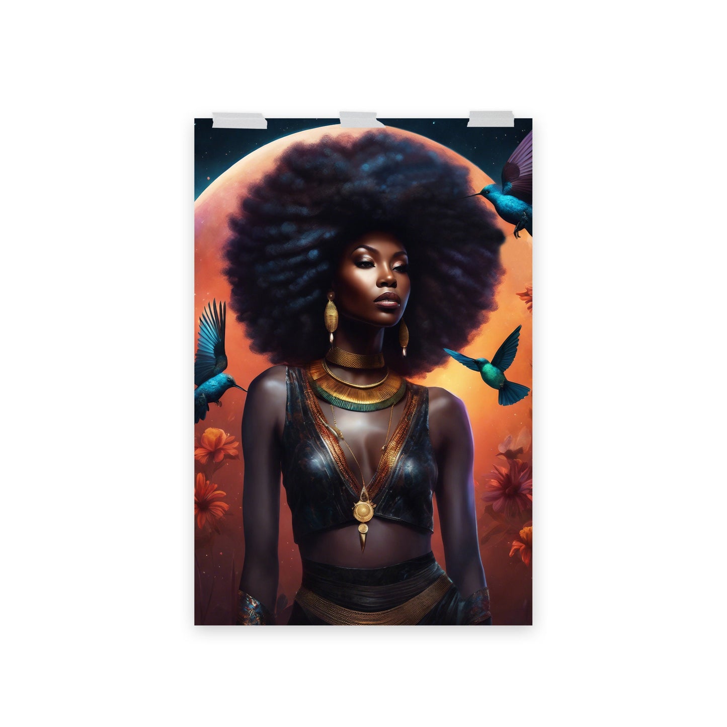Beautiful Sun Kissed Black Queen With Hummingbirds Poster | Black Girl Magic Wall Art | Unique Wall Decor for Home or Office Great Gift