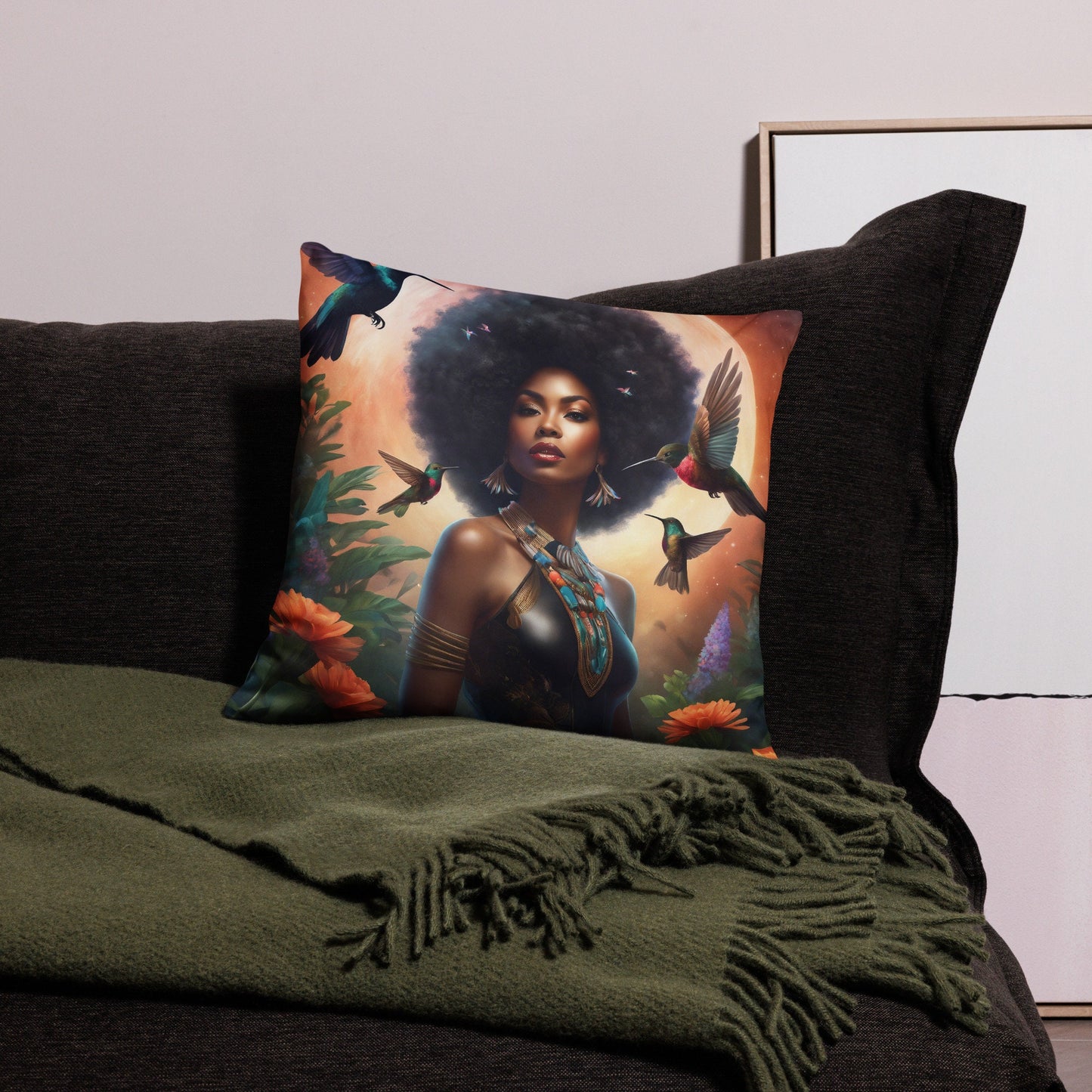 Black Queen Hummingbird Basic Pillow | Beautiful Aesthetic Pillow featuring Melanin Queen with Afro with Space and Hummingbird Illustration