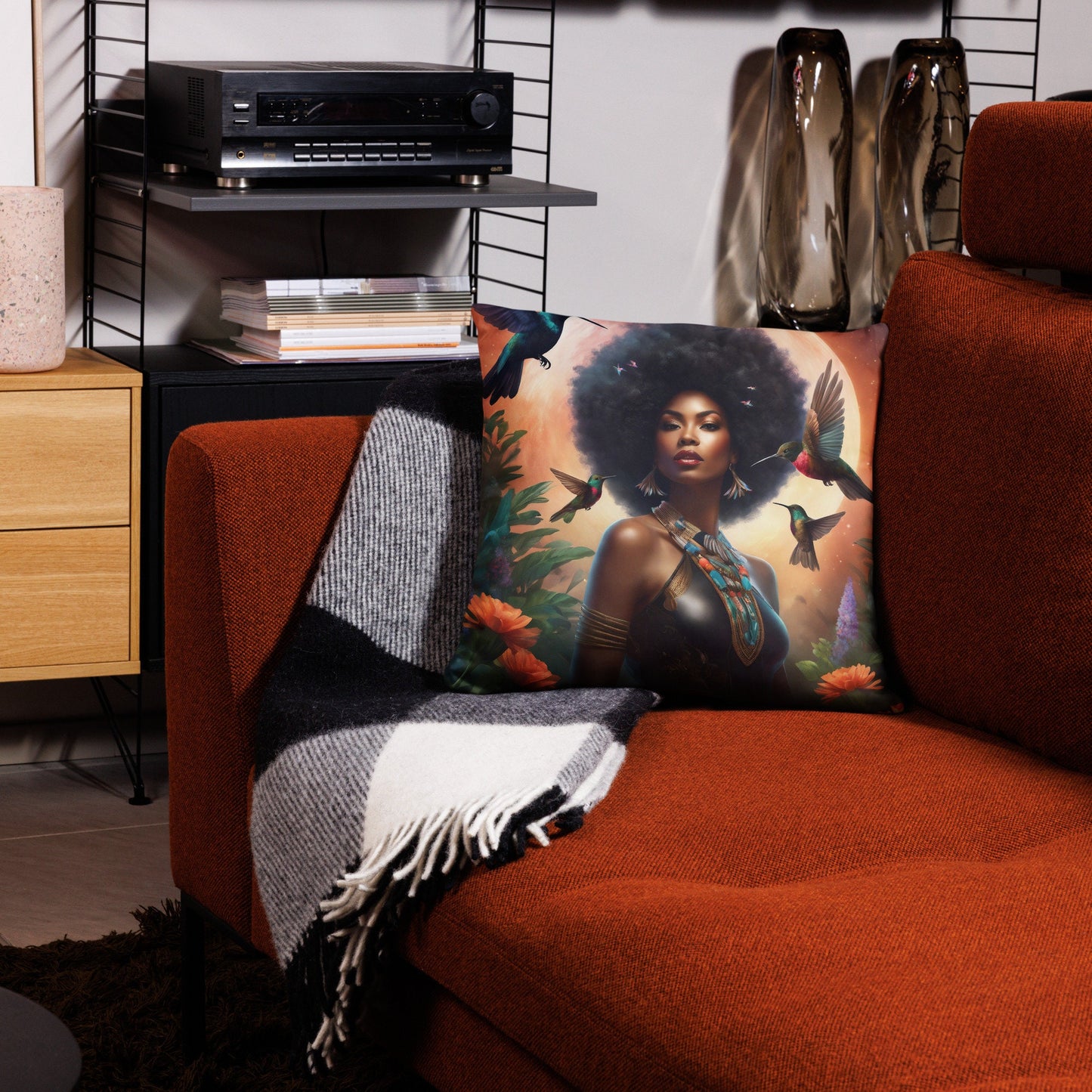 Black Queen Hummingbird Basic Pillow | Beautiful Aesthetic Pillow featuring Melanin Queen with Afro with Space and Hummingbird Illustration