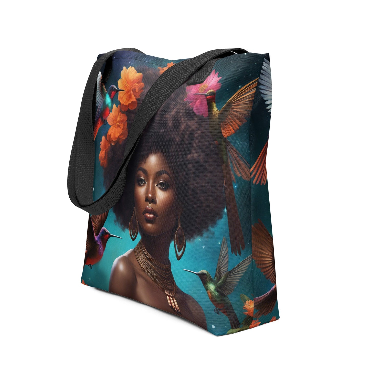 Black Melanin Queen Hummingbird Tote bag | Beautiful Aesthetic Tote Bag featuring Melanin Queen with Afro with Space and Hummingbird