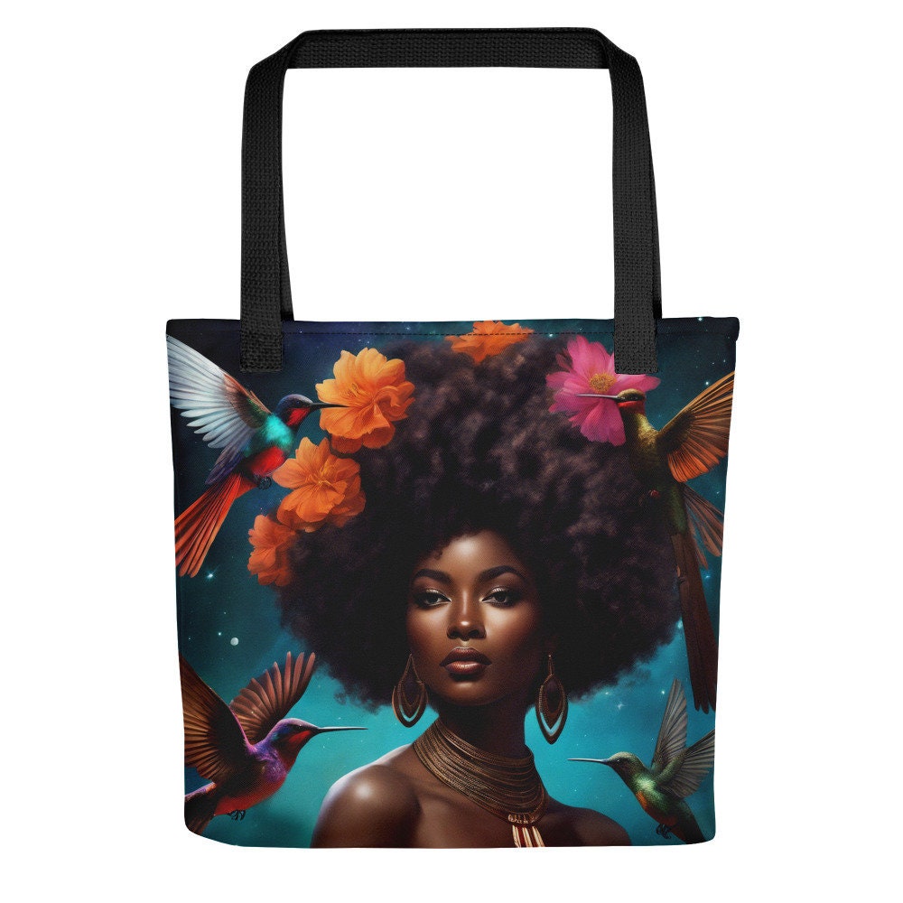 Black Melanin Queen Hummingbird Tote bag | Beautiful Aesthetic Tote Bag featuring Melanin Queen with Afro with Space and Hummingbird