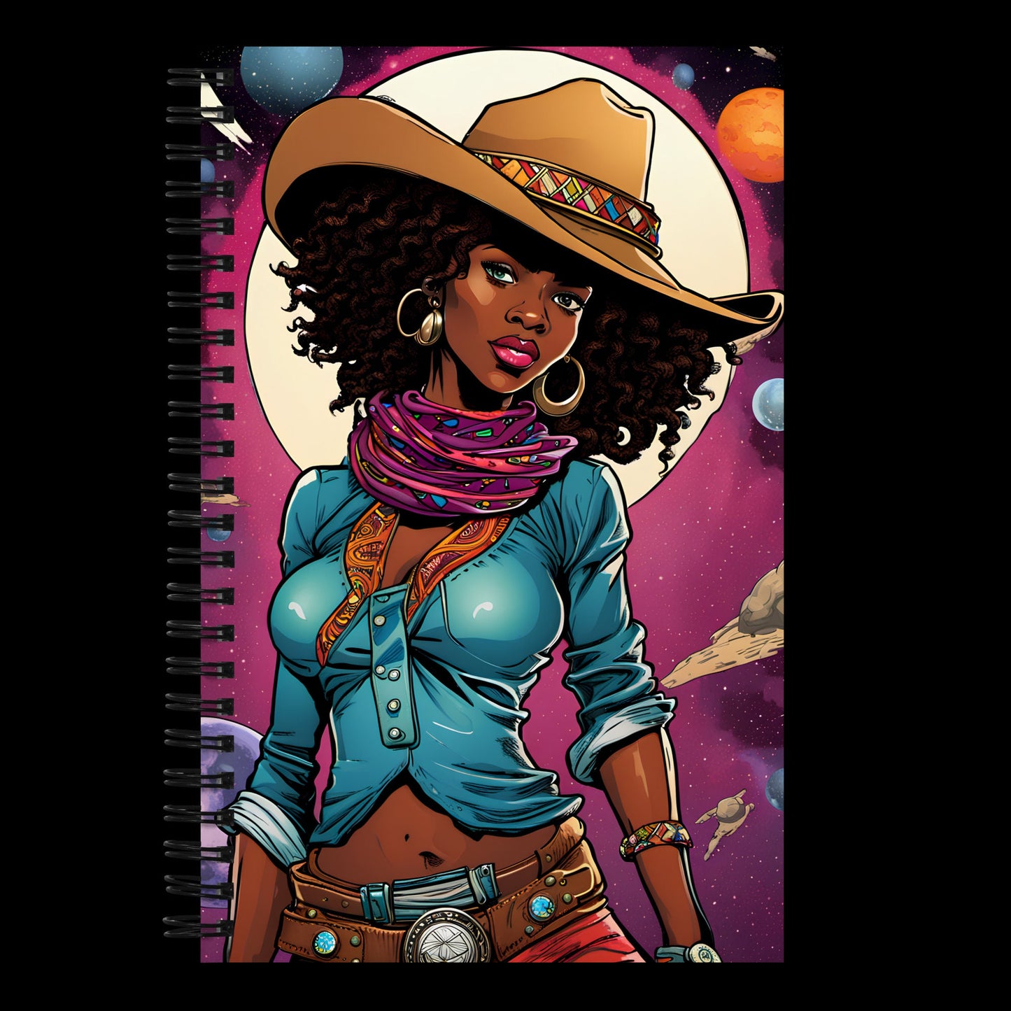 Space Black Cowgirl Spiral Notebook | Pin Up Girl Comic Book Illustration | Stylish Outerspace Journal Unique Gift for Her
