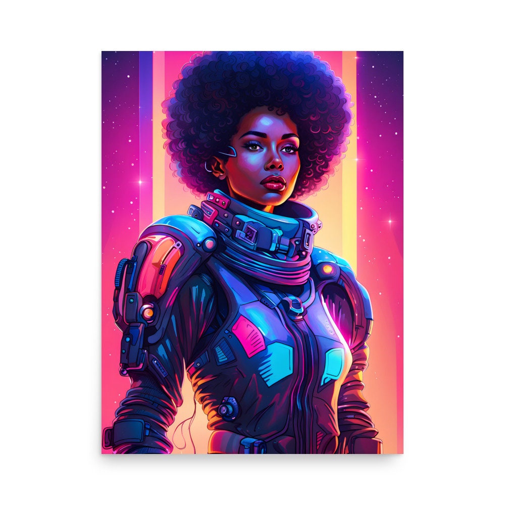 Galactic Goddess Art Work Poster | Black Queen with Afro Wall Art | Unique Home Decor for Him or Her