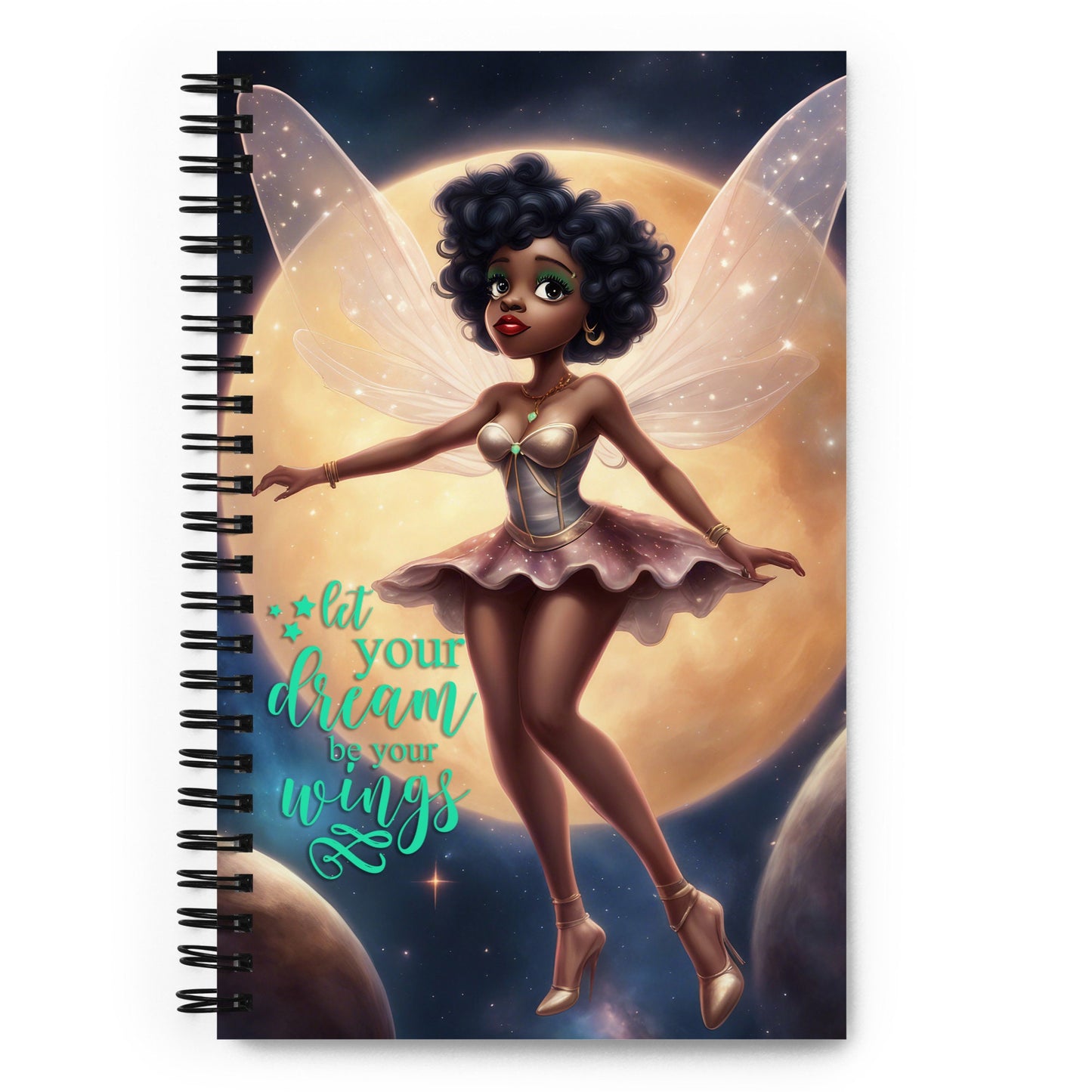 Black Tinker Fairy Spiral notebook | Fairy themed Spiral notebook |  Stylish Fairy in Outerspace Journal Unique Gift for Her