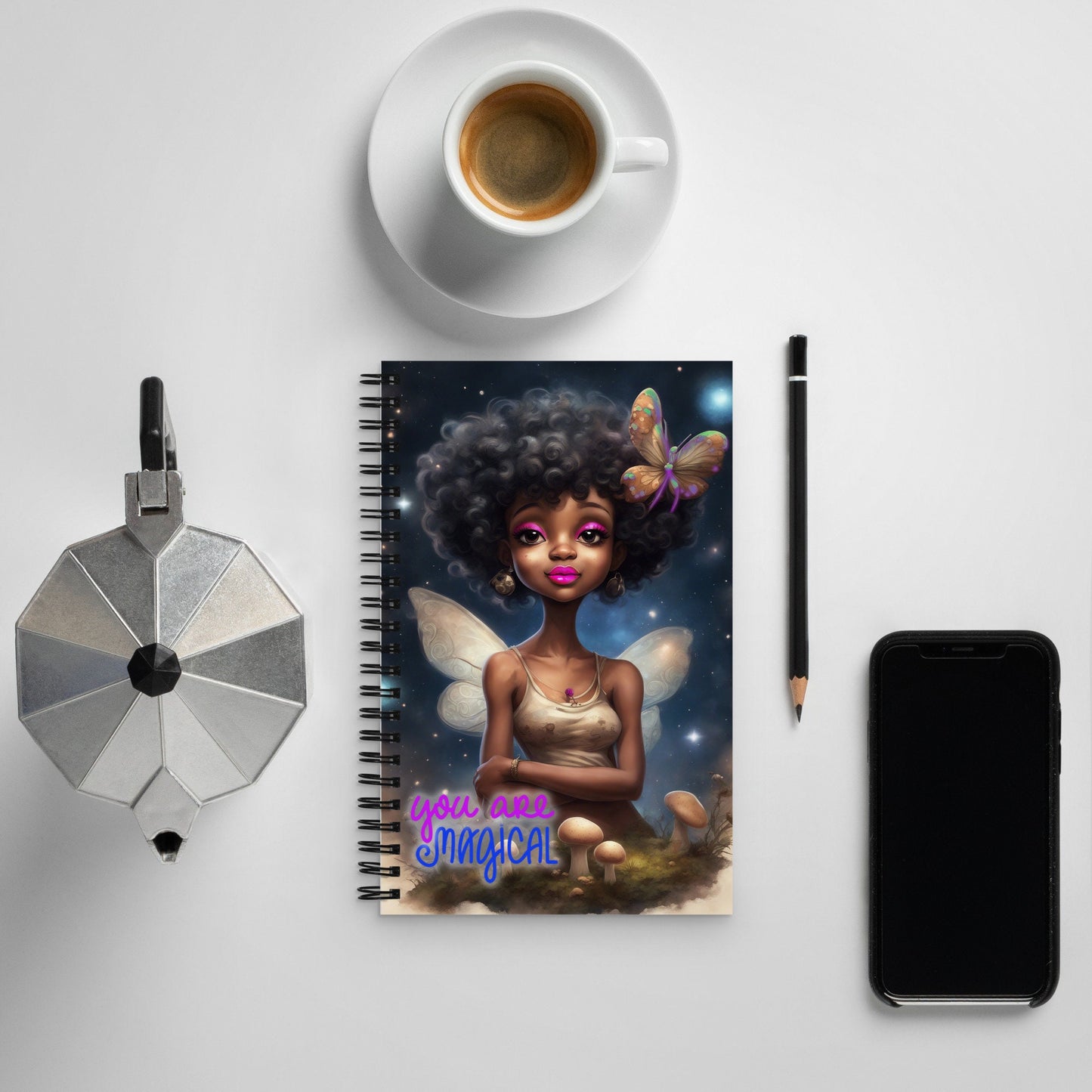 Fairy themed Spiral notebook |  Fairy with Mushroom Illustration | Stylish Fairy in Outerspace Journal Unique Gift for Her