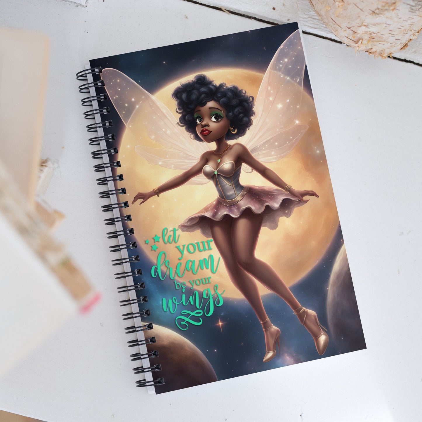 Black Tinker Fairy Spiral notebook | Fairy themed Spiral notebook |  Stylish Fairy in Outerspace Journal Unique Gift for Her
