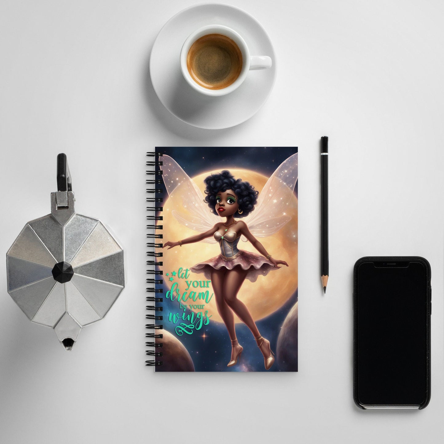 Black Tinker Fairy Spiral notebook | Fairy themed Spiral notebook |  Stylish Fairy in Outerspace Journal Unique Gift for Her