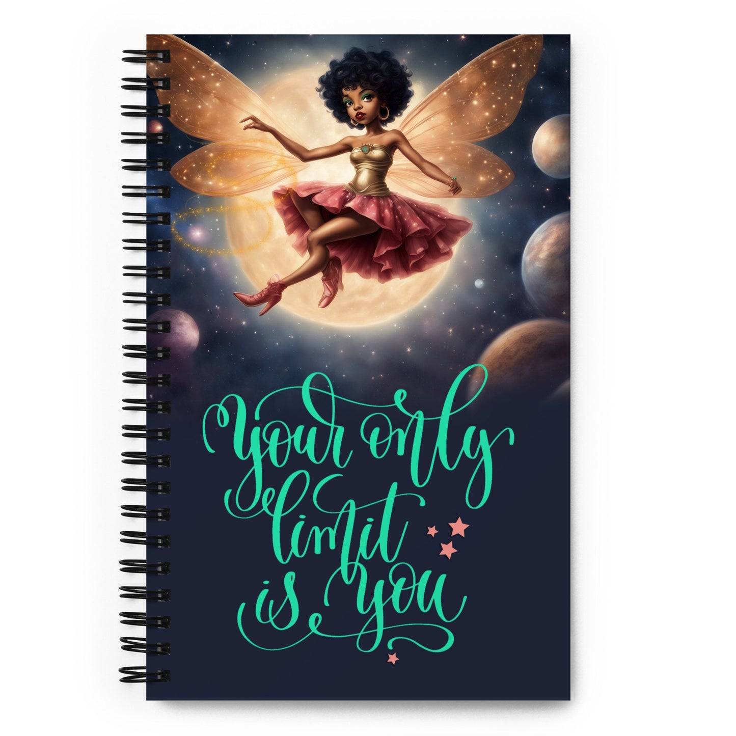 Black Fairy themed Spiral notebook | Floating Fairy Illustration Spiral Notebook | Stylish Fairy in Outerspace Journal Unique Gift for Her