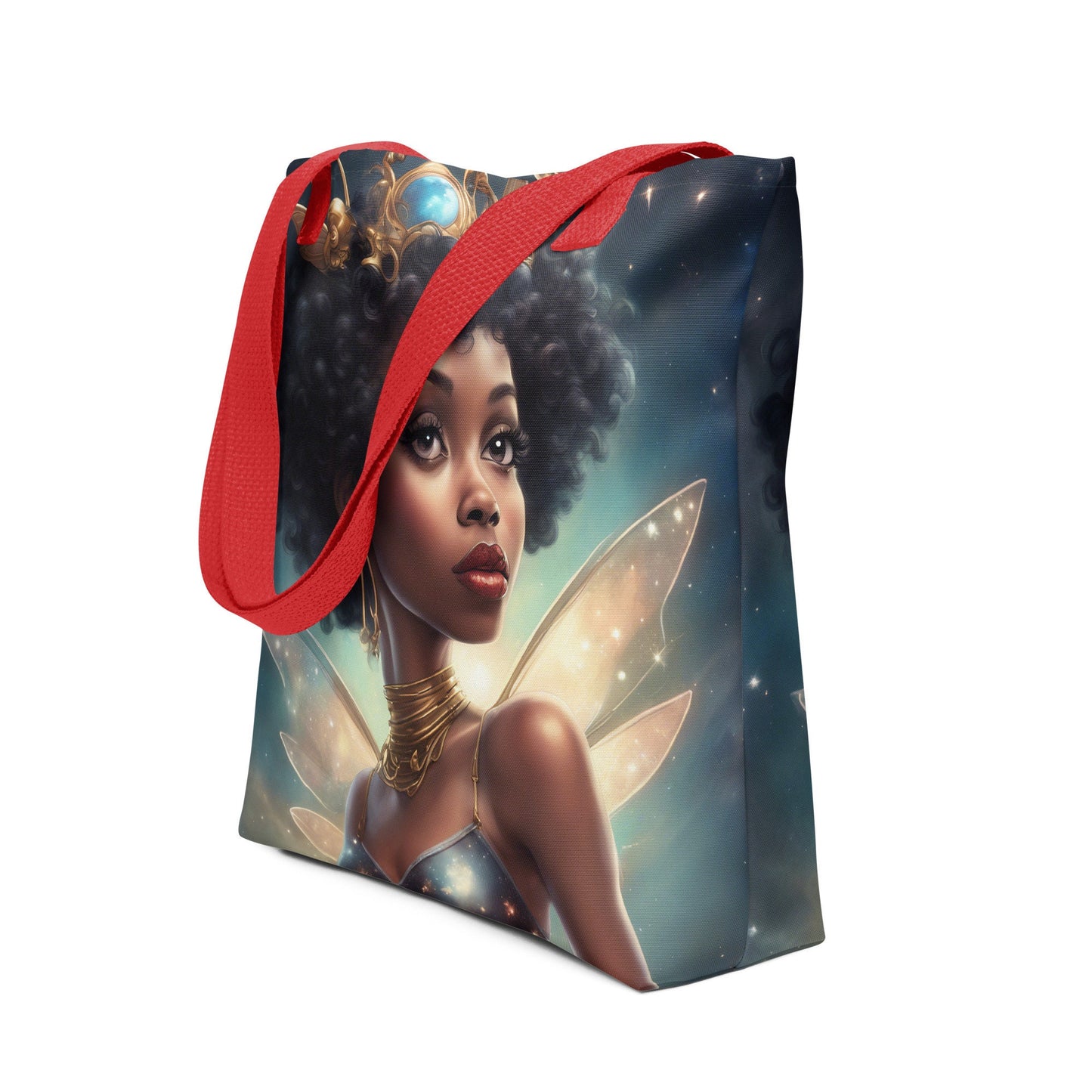 Black Fairy Themed Tote bag | Beautiful Aesthetic Tote Bag featuring Black Fairy Queen with Afro in Space Illustration