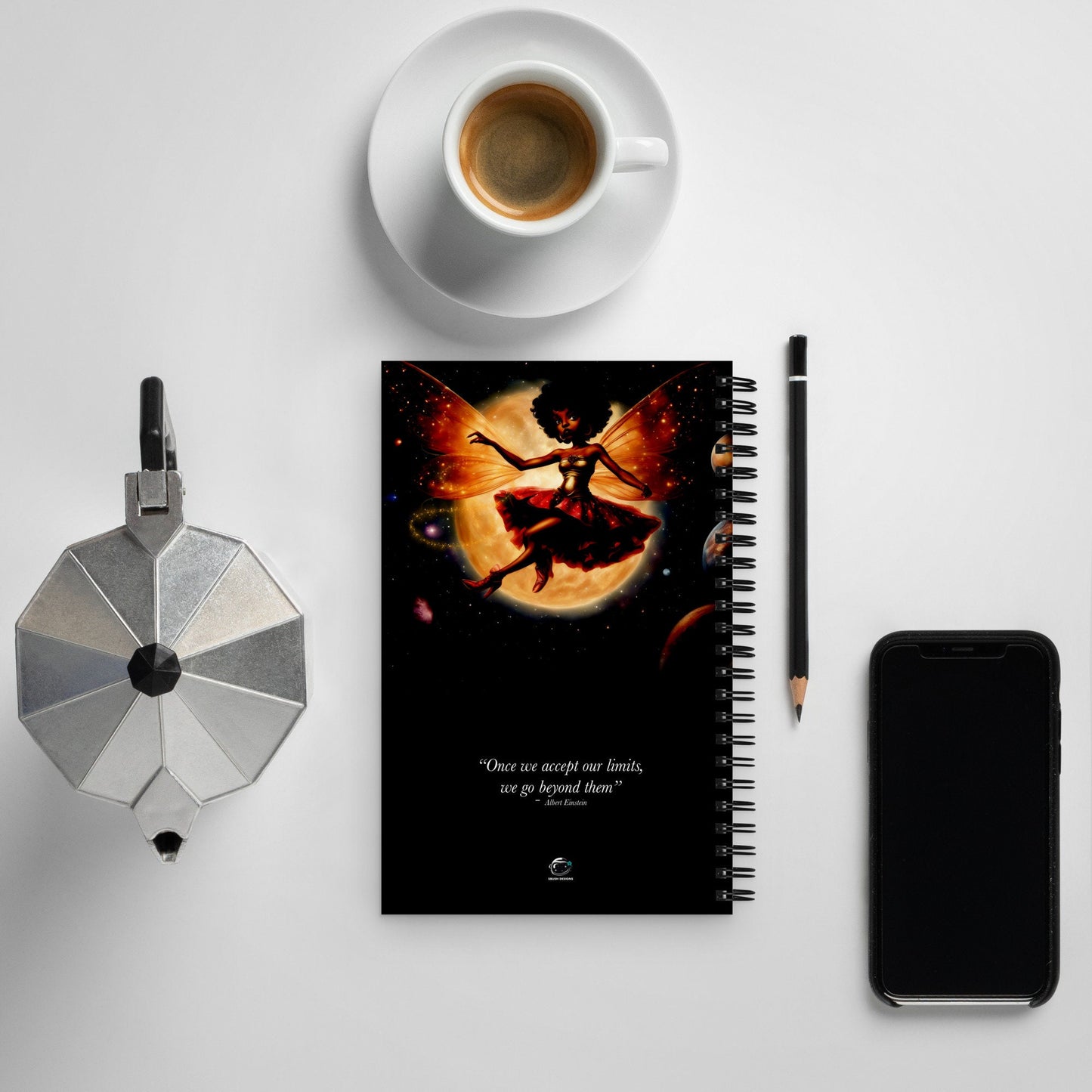 Black Fairy themed Spiral notebook | Floating Fairy Illustration Spiral Notebook | Stylish Fairy in Outerspace Journal Unique Gift for Her