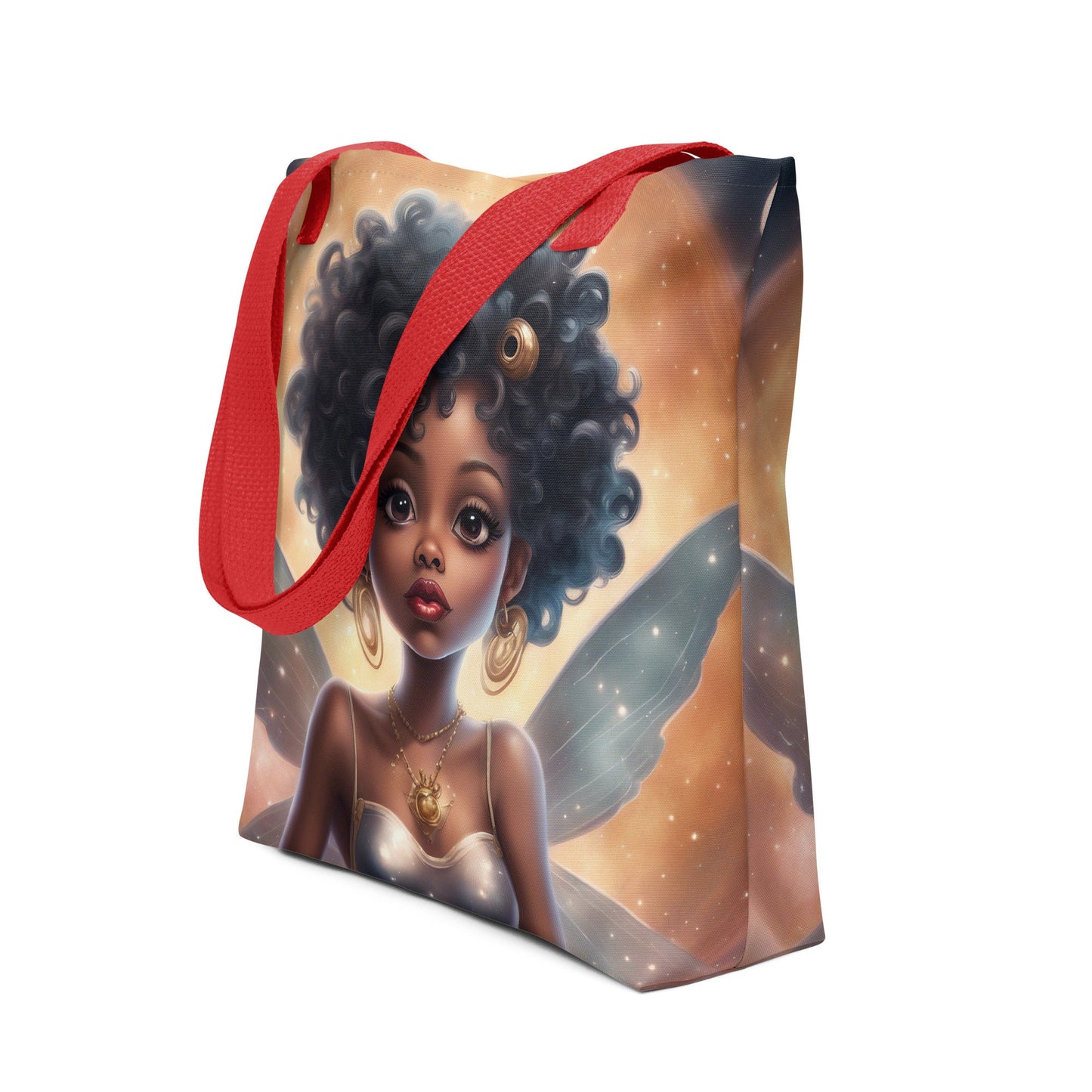 Queen Fairy Themed Tote bag | Beautiful Aesthetic Tote Bag featuring Black Fairy with Afro in Space Illustration