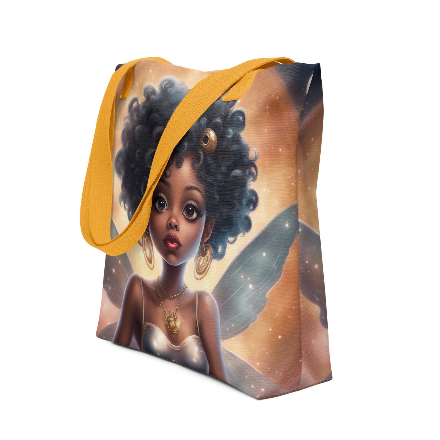 Queen Fairy Themed Tote bag | Beautiful Aesthetic Tote Bag featuring Black Fairy with Afro in Space Illustration
