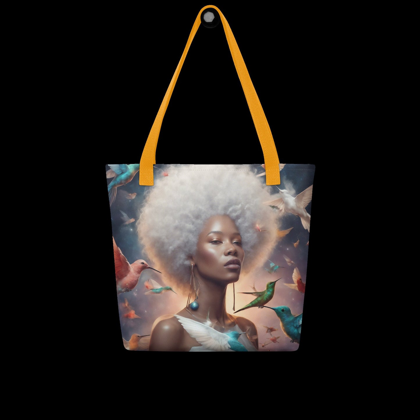 Silver Queen Hummingbird Tote bag | Beautiful Aesthetic Tote Bag featuring Melanin Queen with Afro with Space and Hummingbird Illustration