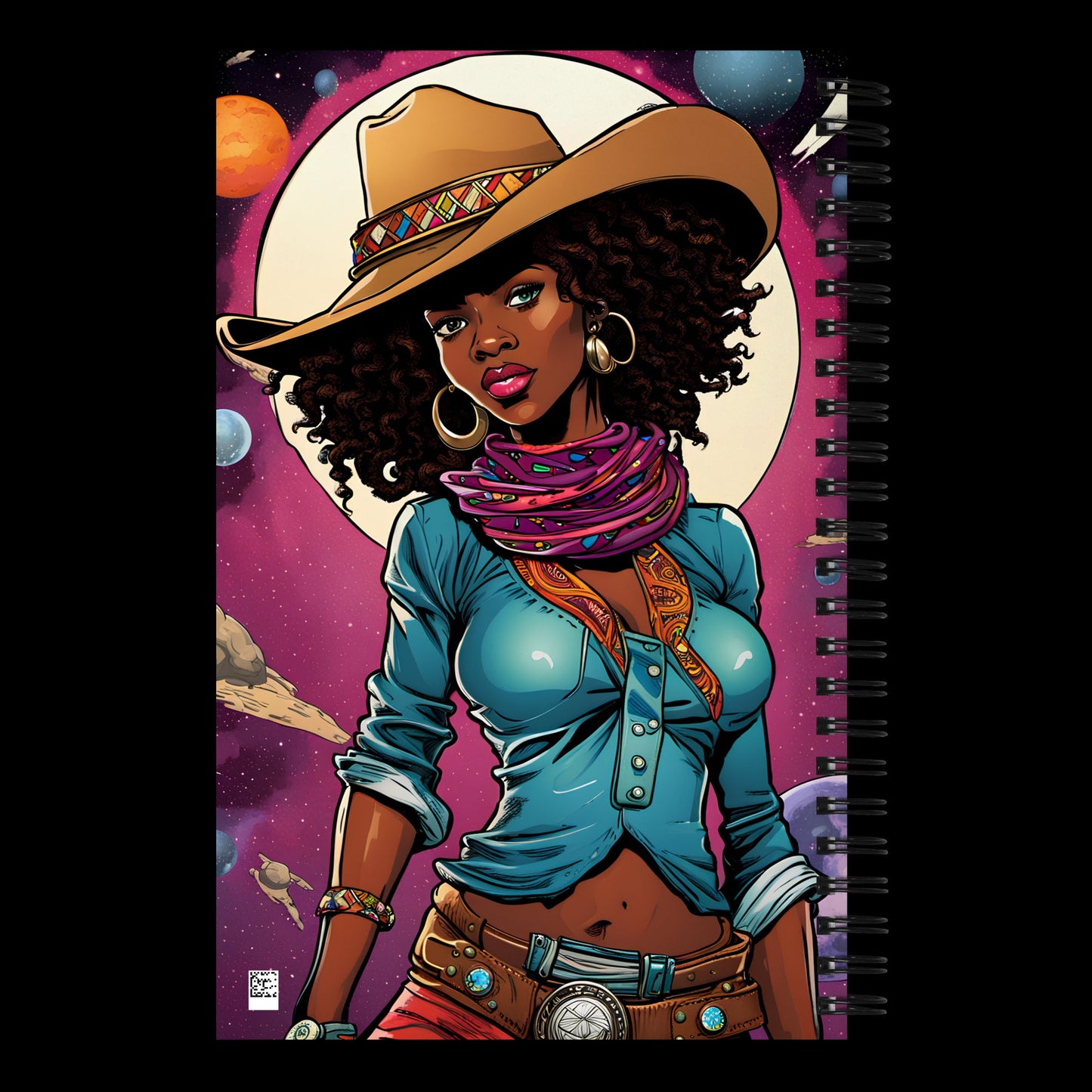 Space Black Cowgirl Spiral Notebook | Pin Up Girl Comic Book Illustration | Stylish Outerspace Journal Unique Gift for Her