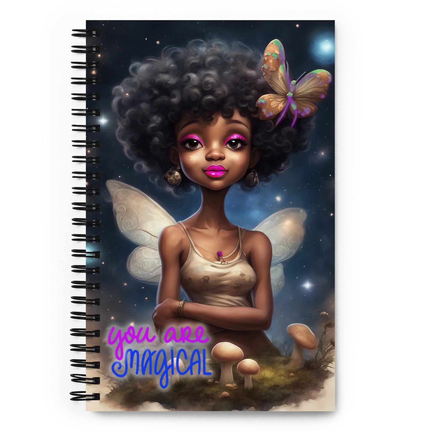 Fairy themed Spiral notebook |  Fairy with Mushroom Illustration | Stylish Fairy in Outerspace Journal Unique Gift for Her