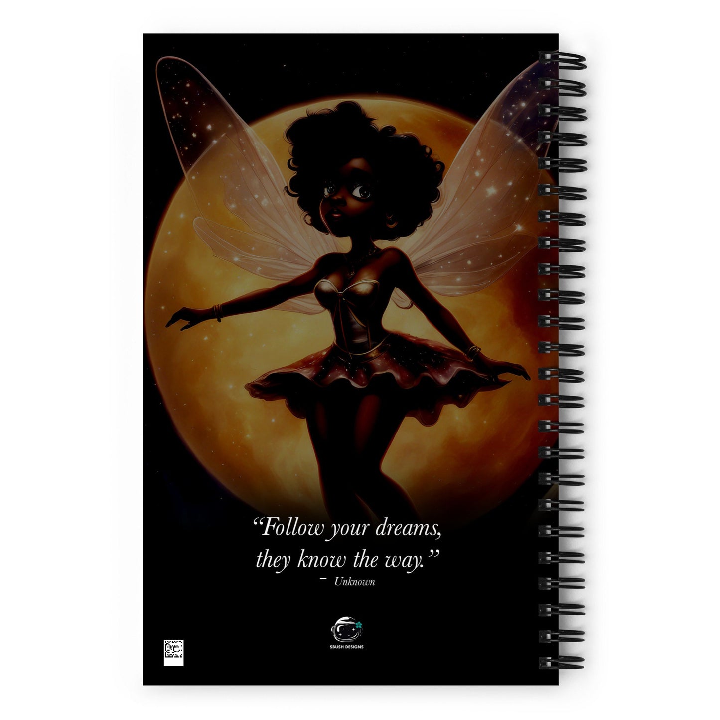 Black Tinker Fairy Spiral notebook | Fairy themed Spiral notebook |  Stylish Fairy in Outerspace Journal Unique Gift for Her