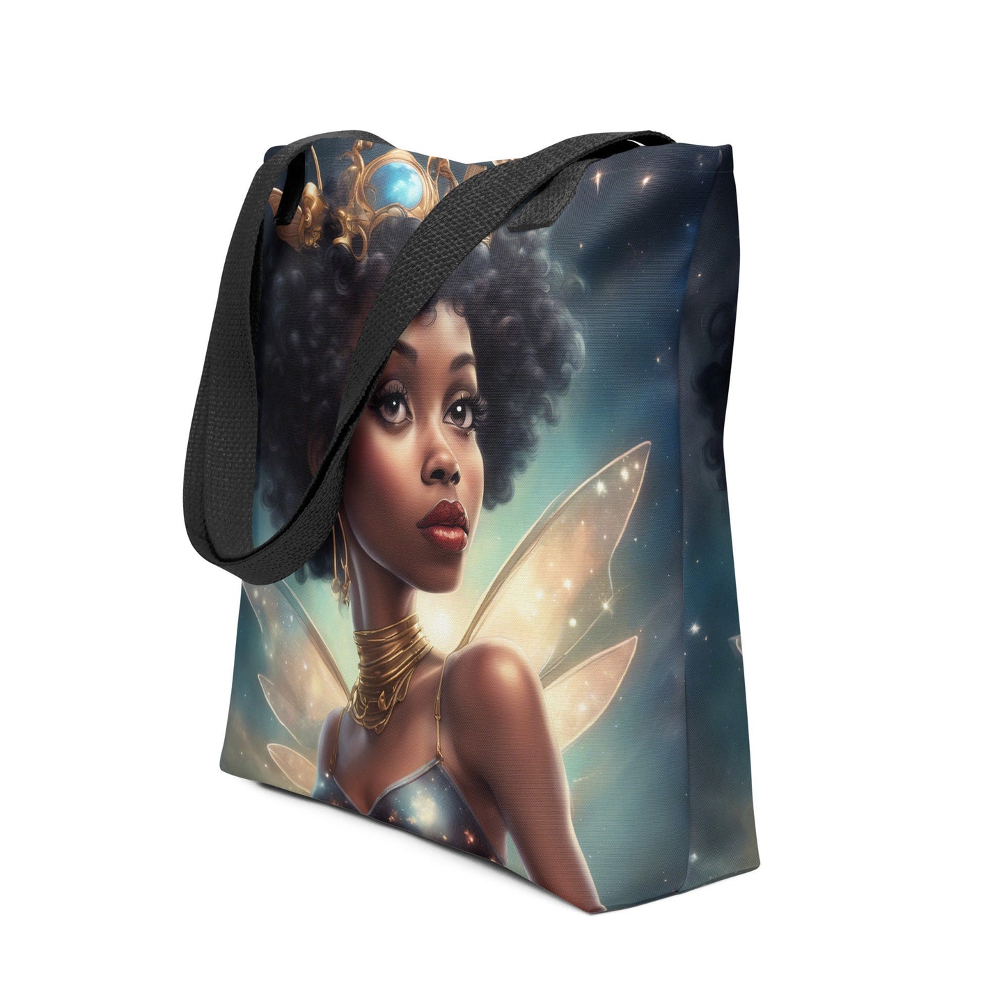 Black Fairy Themed Tote bag | Beautiful Aesthetic Tote Bag featuring Black Fairy Queen with Afro in Space Illustration