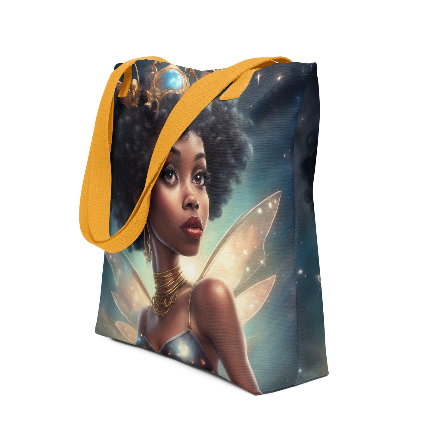 Black Fairy Themed Tote bag | Beautiful Aesthetic Tote Bag featuring Black Fairy Queen with Afro in Space Illustration